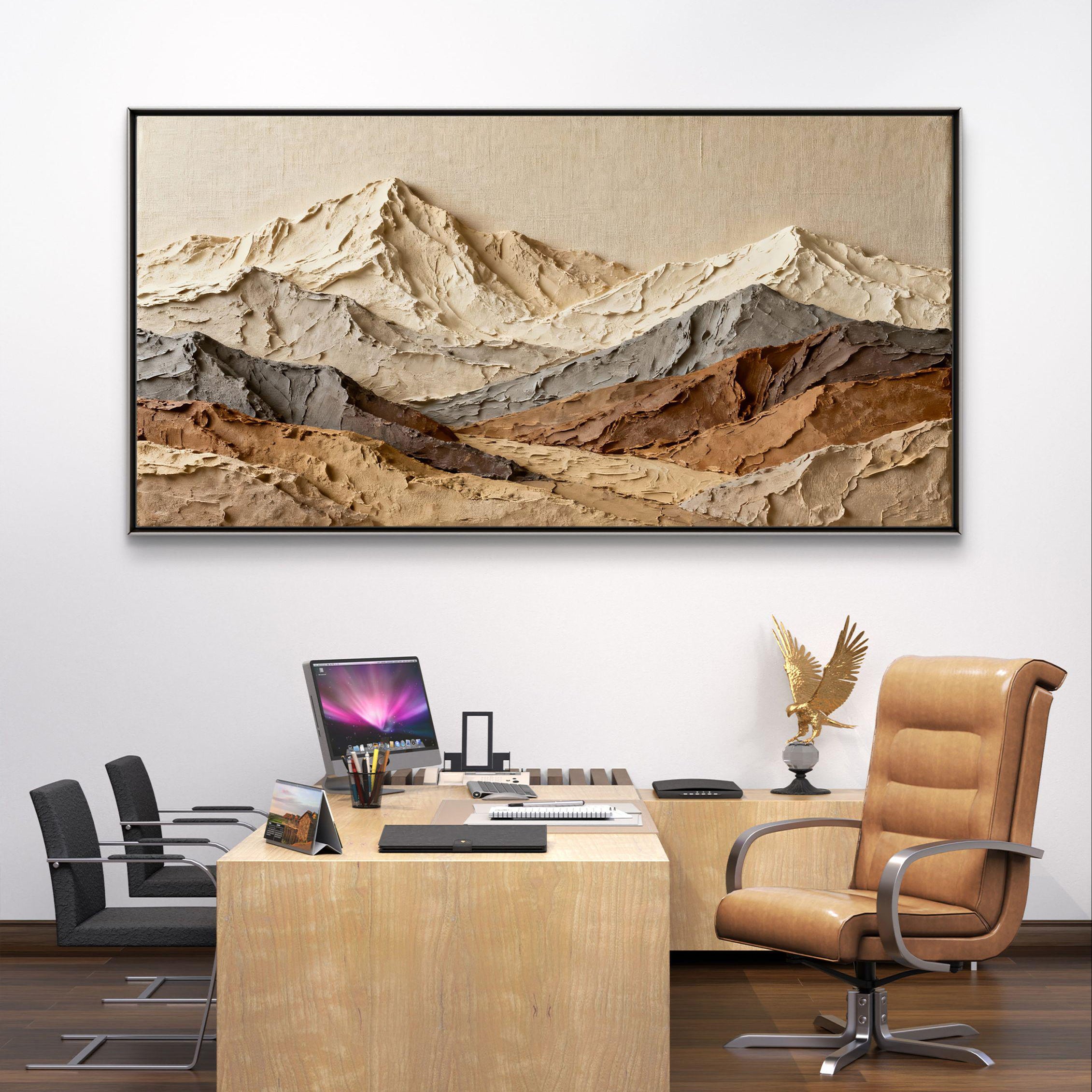ALPINE SUMMIT: Mountains Valley Art, Hand-Painted Horizontal Oatmeal and Grey Mountain Range Plaster Relief 3D Textured Gallery Art