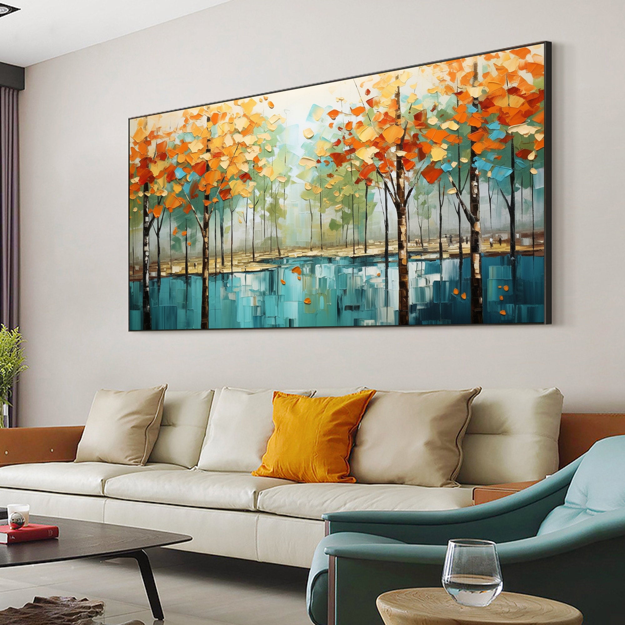 Autumn Reflection – Hand-Painted Orange and Teal Birch Forest Floral Painting | Contemporary Botanical Bedroom & Living Room Art