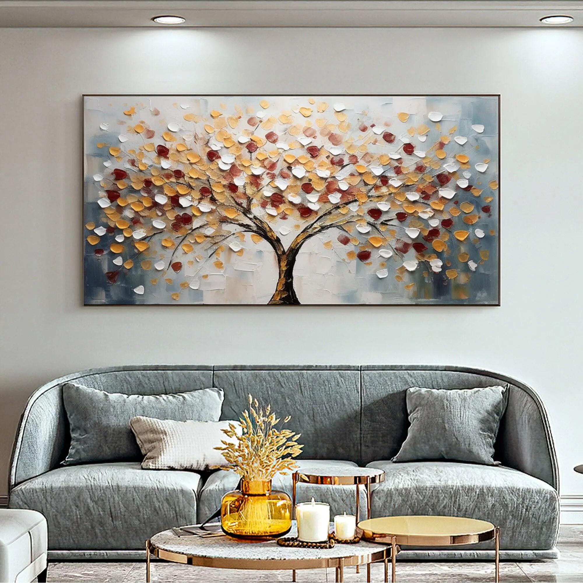 Amber Canopy – Hand-Painted Red and Gold Leaf Money Tree Tree Painting | Modern Luxury Metallic Living Room & Hotel Art