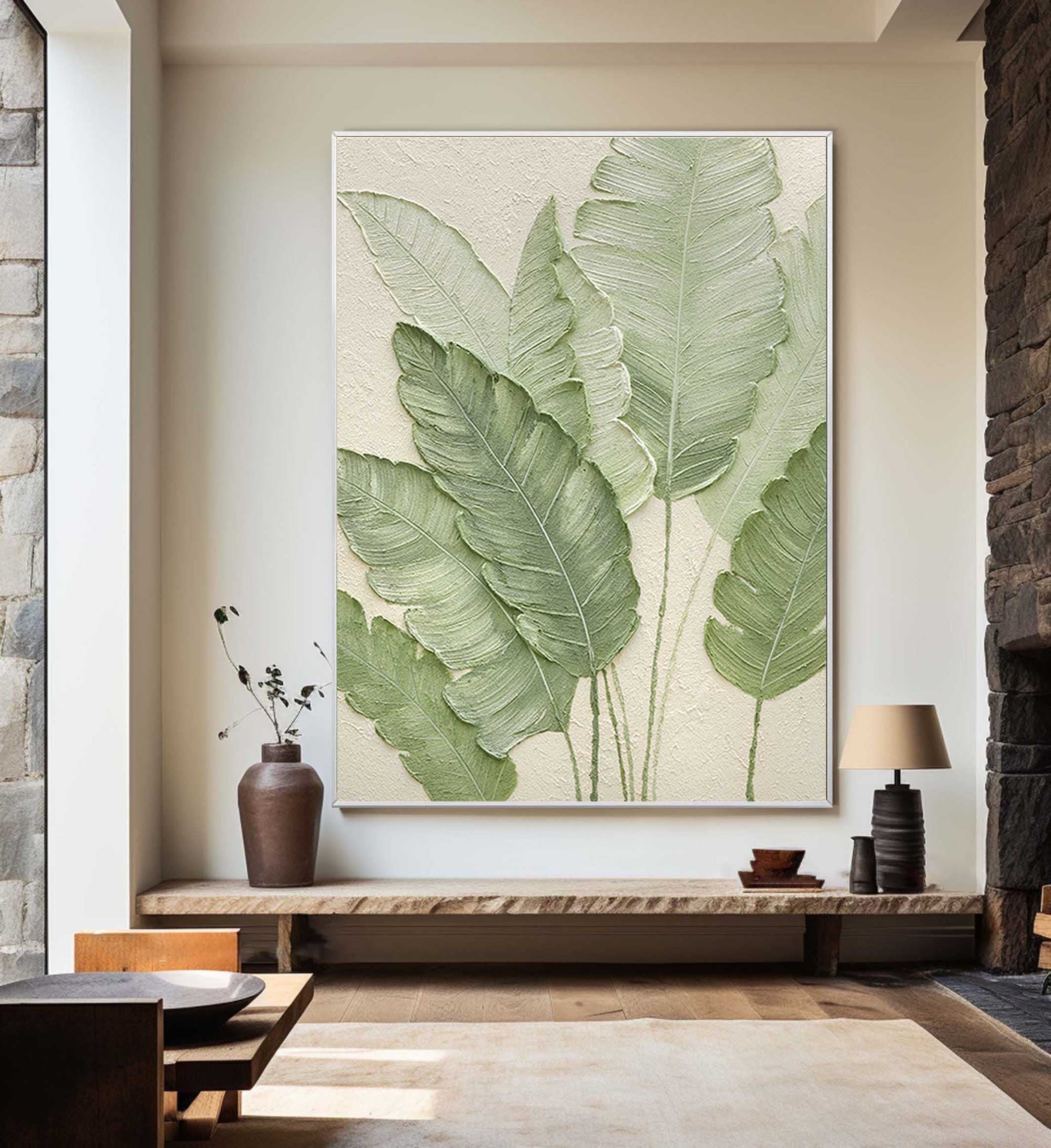 EMERALD WHISPER: 3D Textured Banana Leaf Wall Art, Right-Facing Botanical Relief with Gold Edges