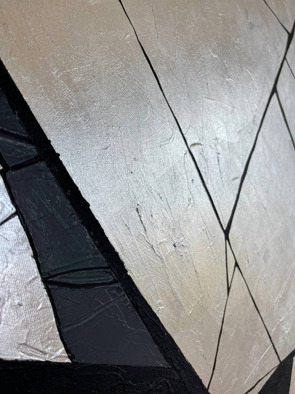 Fractured Core – Hand-Painted Black and Silver Geometric Rock Relief Wabi-Sabi Painting | Japandi Wabi-Sabi Living Room & Bedroom Art