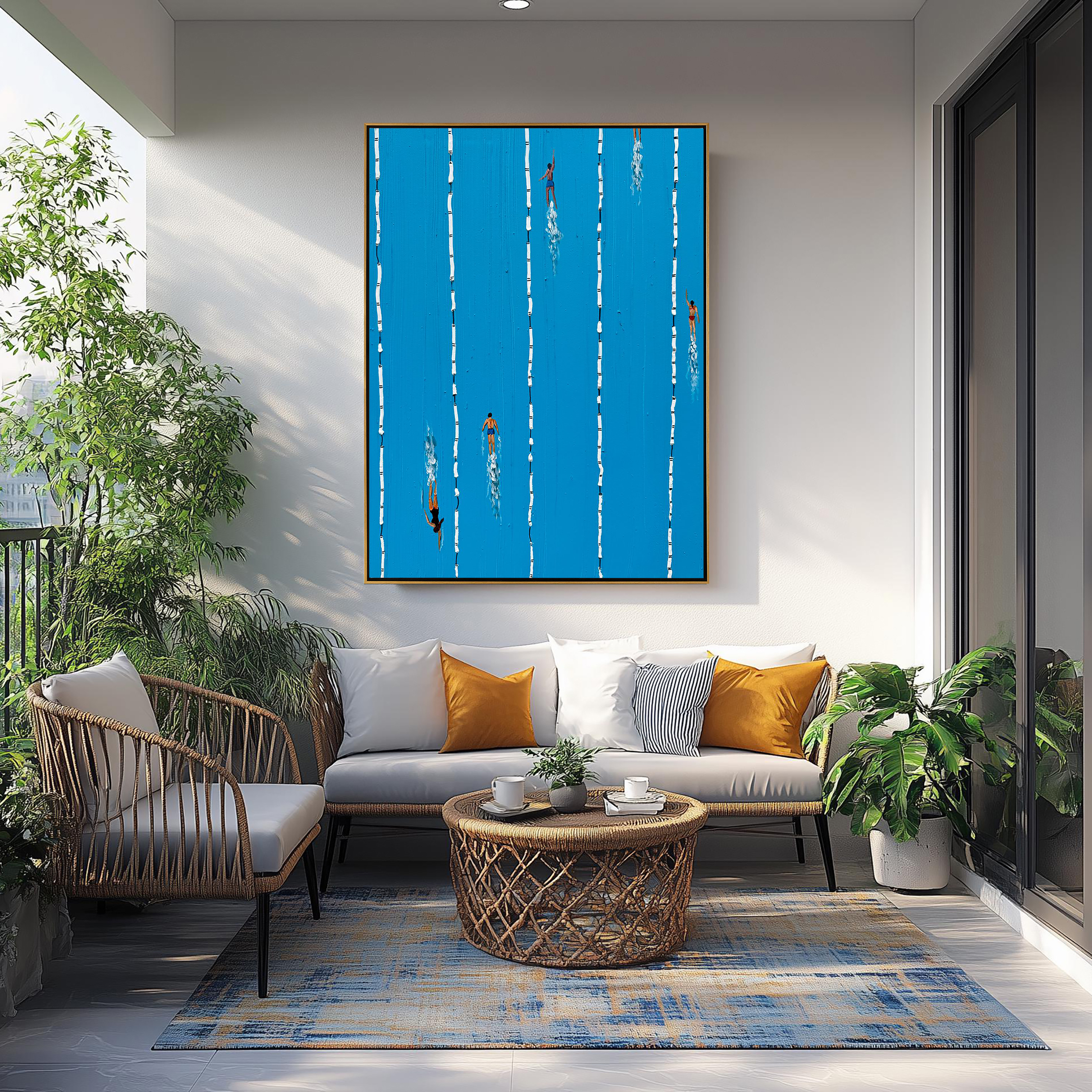Summer Splash – Modern Swimming Pool Textured Painting | Minimalist Vibrant Blue Home Office Art