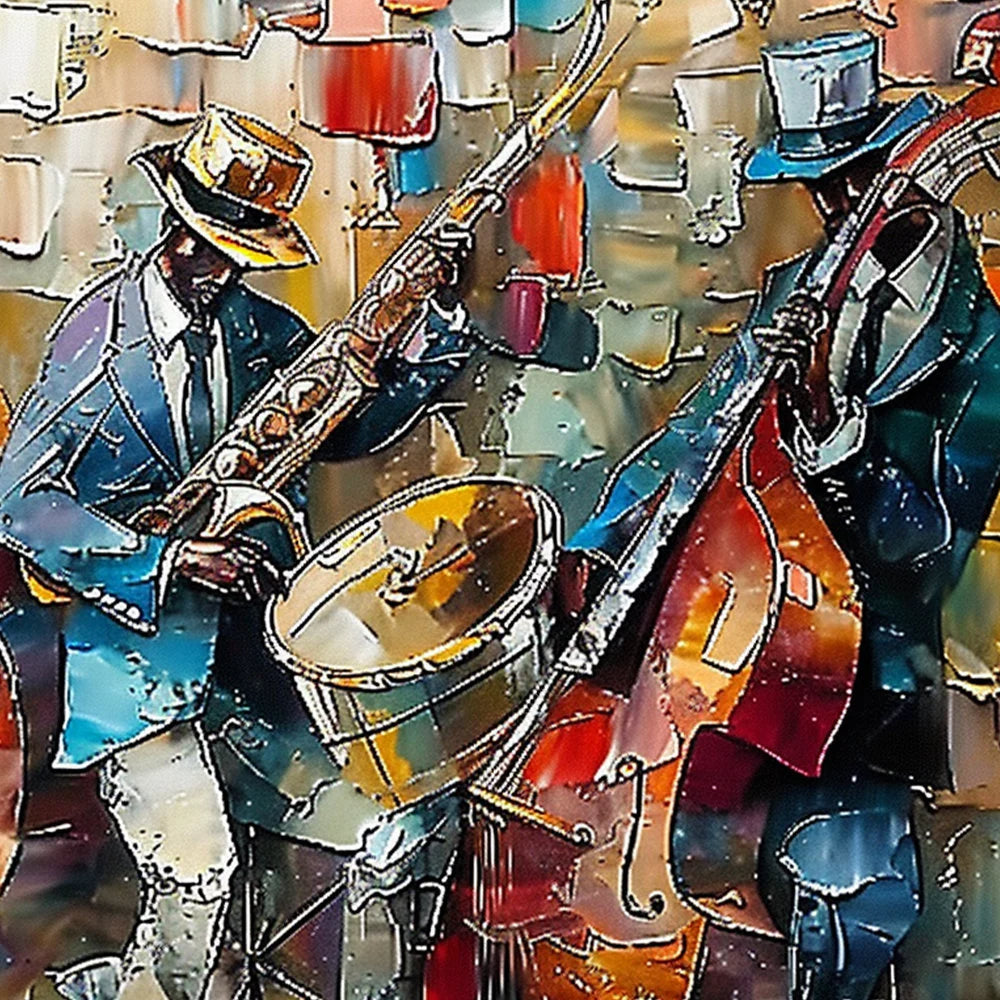 SOULFUL NOTES: People Portrait Wall Art, Hand-Painted Abstract Jazz Bassist Performance Textured Studio Gallery Art