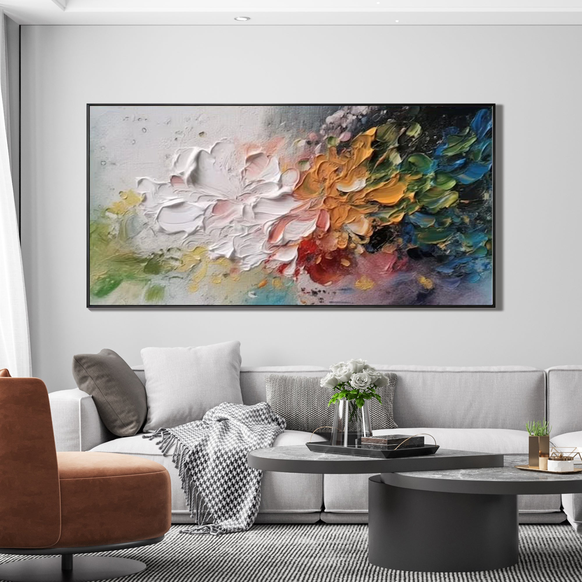 Prism Bloom – Hand-Painted Multicolored Palette Knife 3D Abstract Painting | Vibrant Botanical Living Room & Dining Room Art
