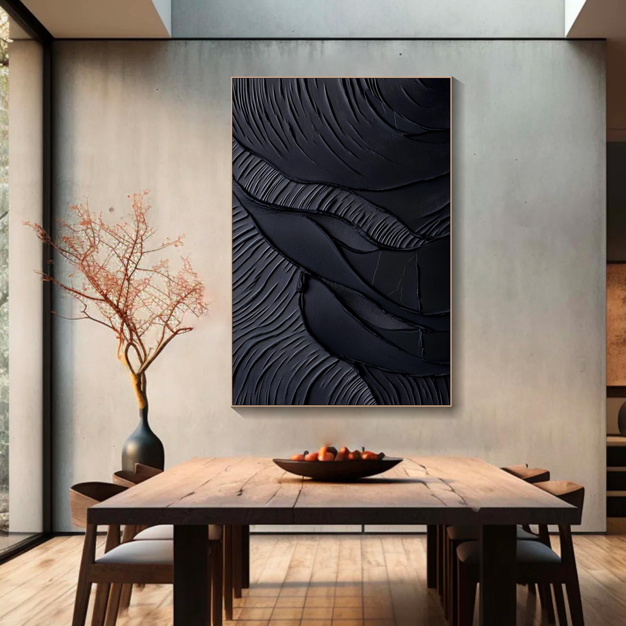 Obsidian Waves – Hand-Painted Pure Black Plaster Effect 3D Relief Wabi-Sabi Painting | Modern Noir Wabi-Sabi Living Room & Home Office Art