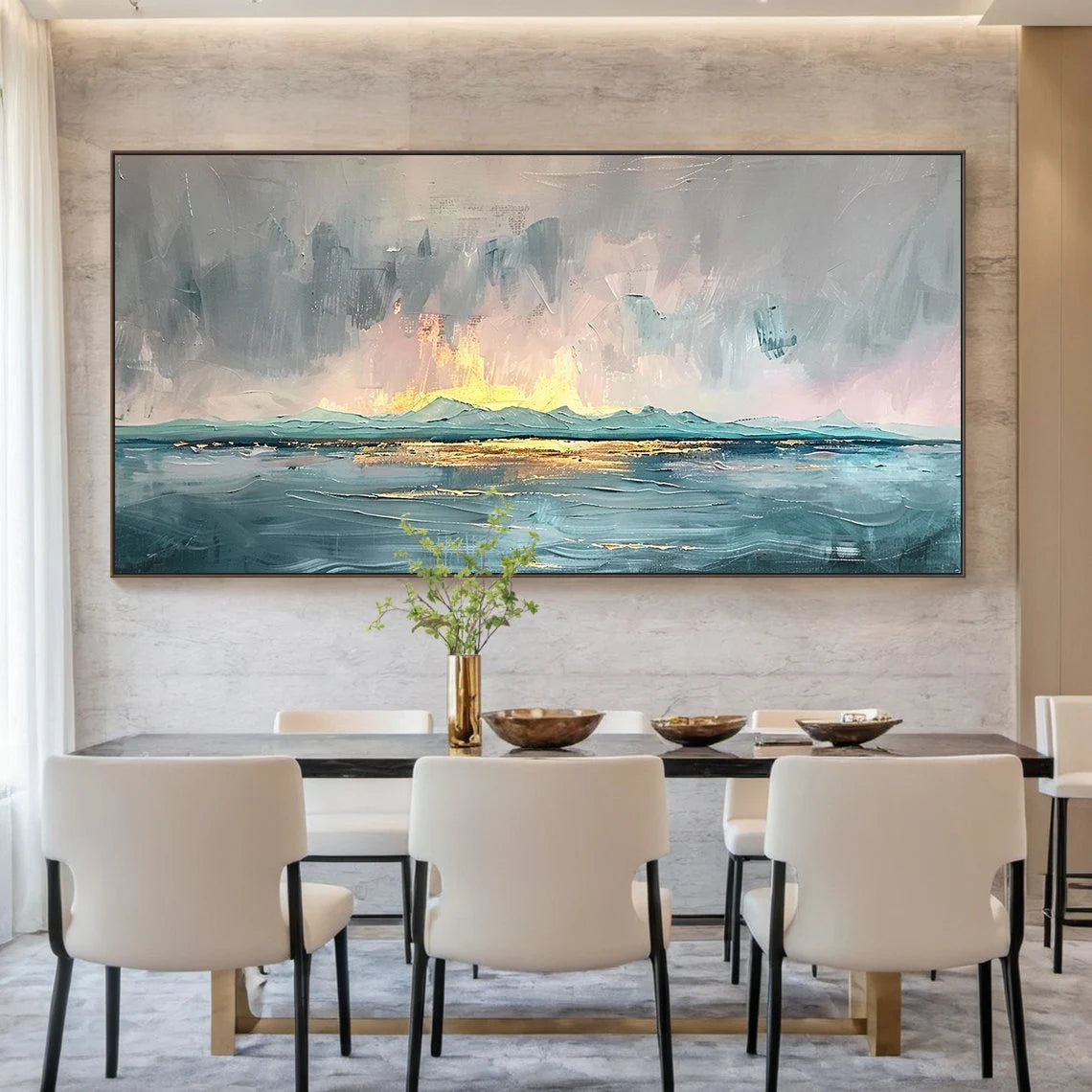 Ocean Glow – Impressionist Sunrise Impasto Texture Painting | Coastal Modern Living Room & Bedroom Art