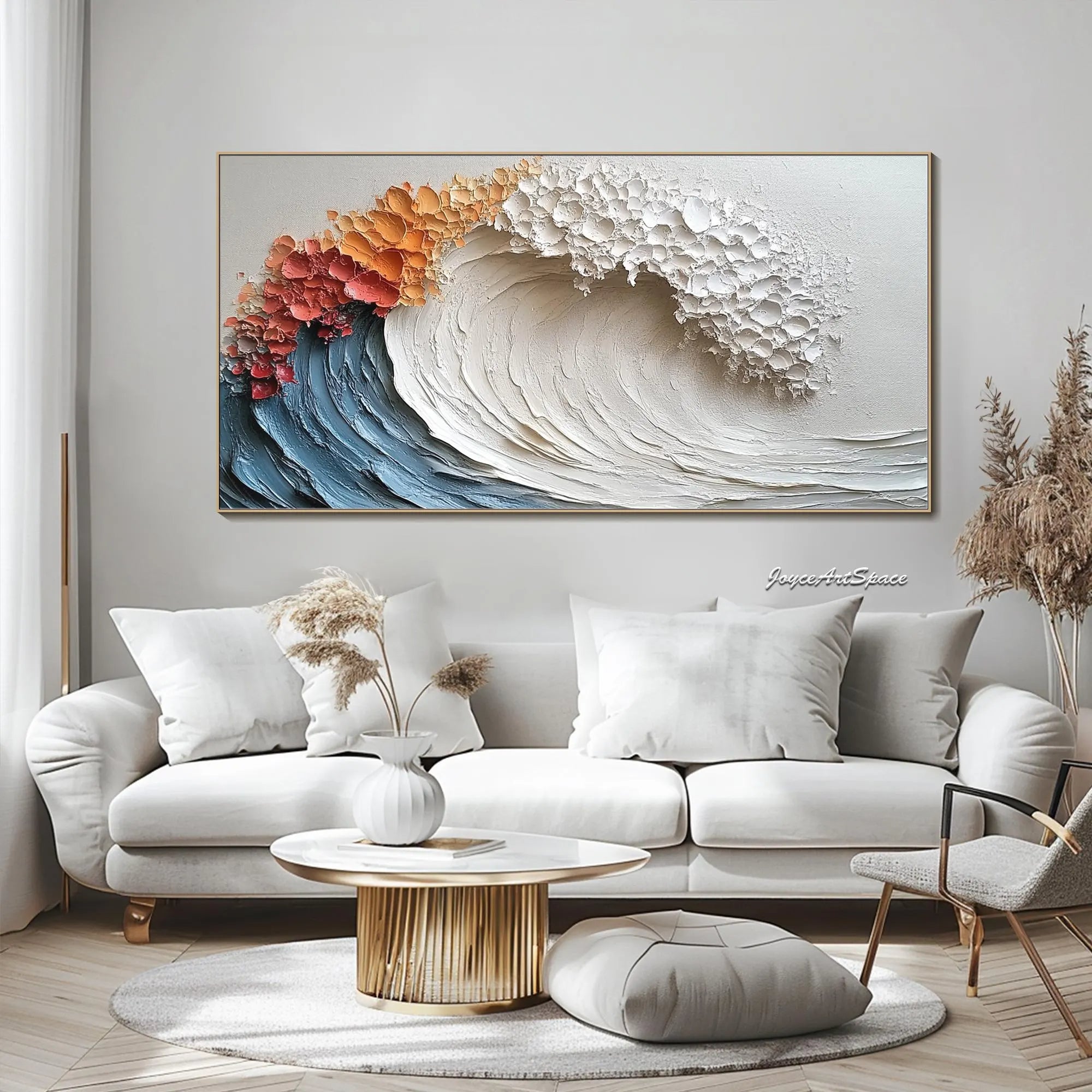 CRUSHING WAVE: Panoramic 3D Heavy Texture Ocean Wall Art, Modern Blue & White Wave Relief