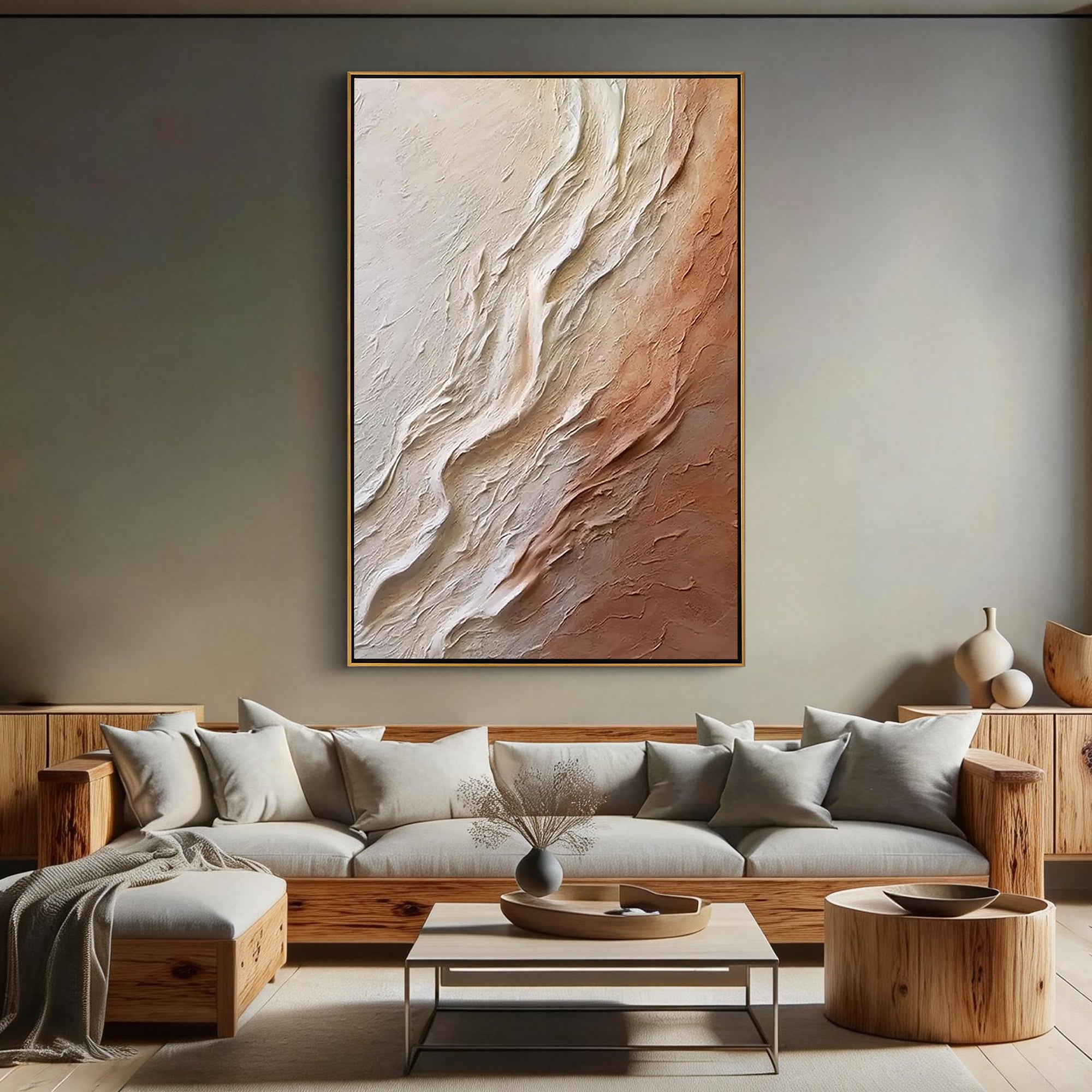 Earthen Flow – Terracotta & Sand Plaster Relief Abstract Painting | Japandi Organic Wabi-Sabi Living Room & Hallway Art