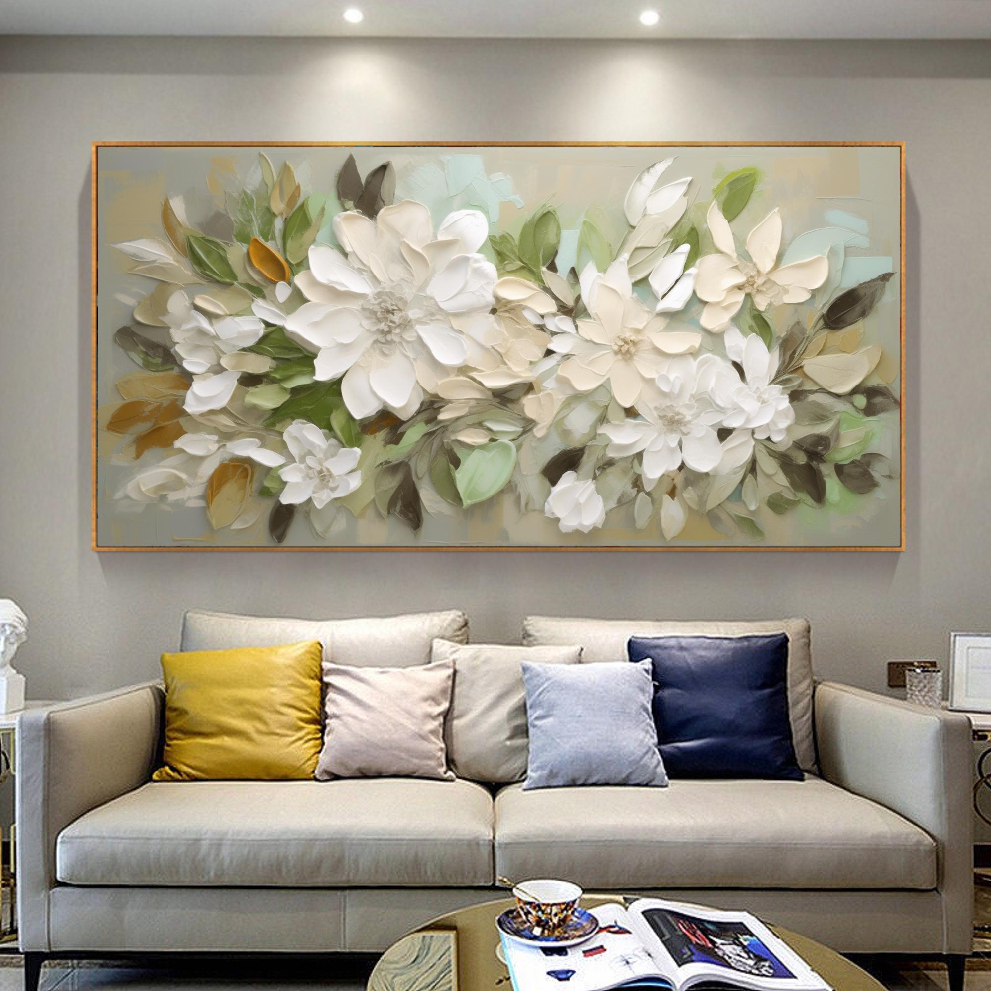 Magnolia Mist – Hand-Painted Sage Green and Off-White 3D Impasto Plaster Relief Floral Painting | Tropical Botanical Bedroom & Dining Room Art