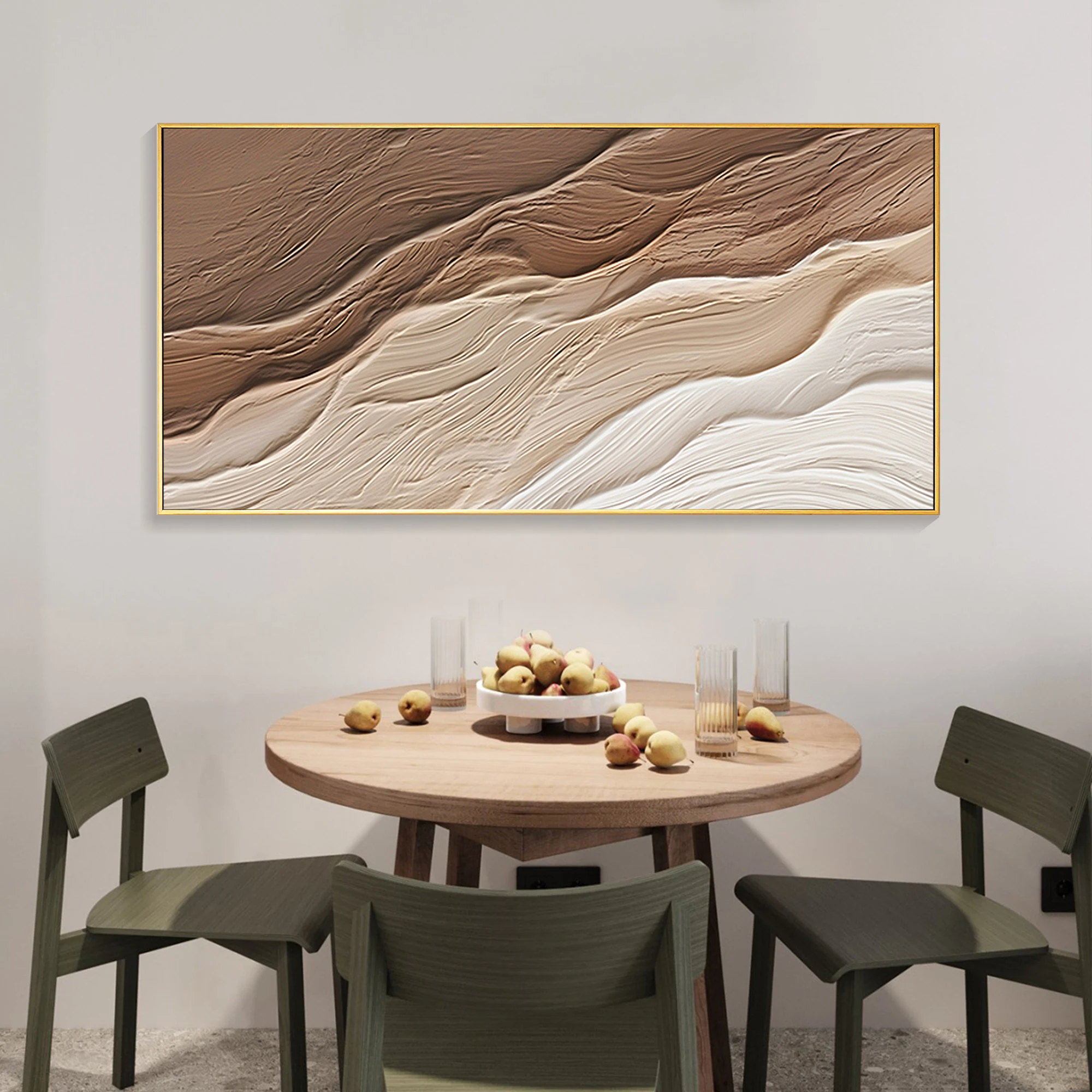 Sedimentary Flow – Hand-Painted Chocolate and Oat Linear Plaster Relief Texture Painting | Contemporary Plaster Texture Living Room & Office Art