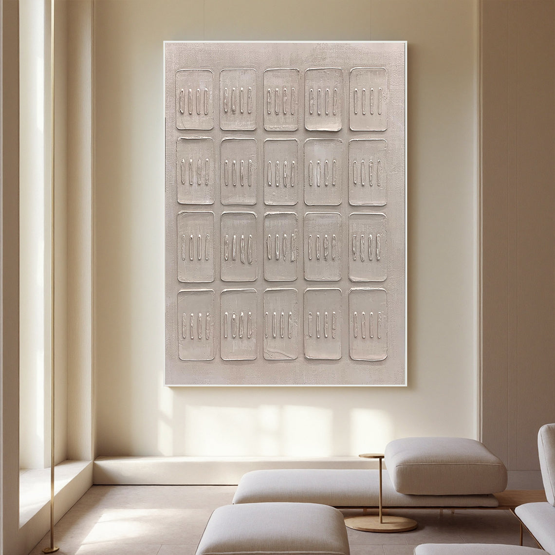 Ordered Blocks – Hand-Painted Minimalist Beige Geometric Relief Plaster Effect Wabi-Sabi Painting | Japandi Organic Wabi-Sabi Living Room & Hallway Art