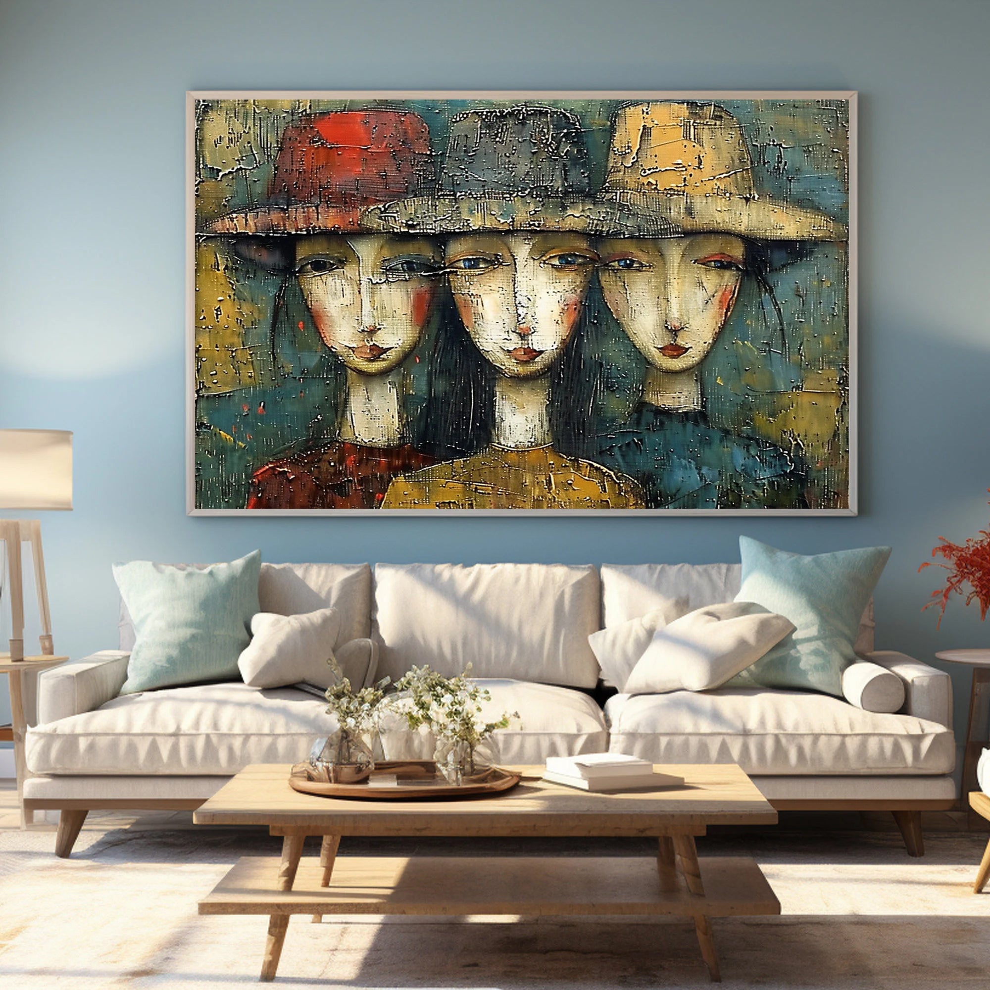 Sisterhood Chic – Hand-Painted Abstract Women with Hats Expressionist Portrait Painting | Contemporary Expressionist Living Room & Office Art
