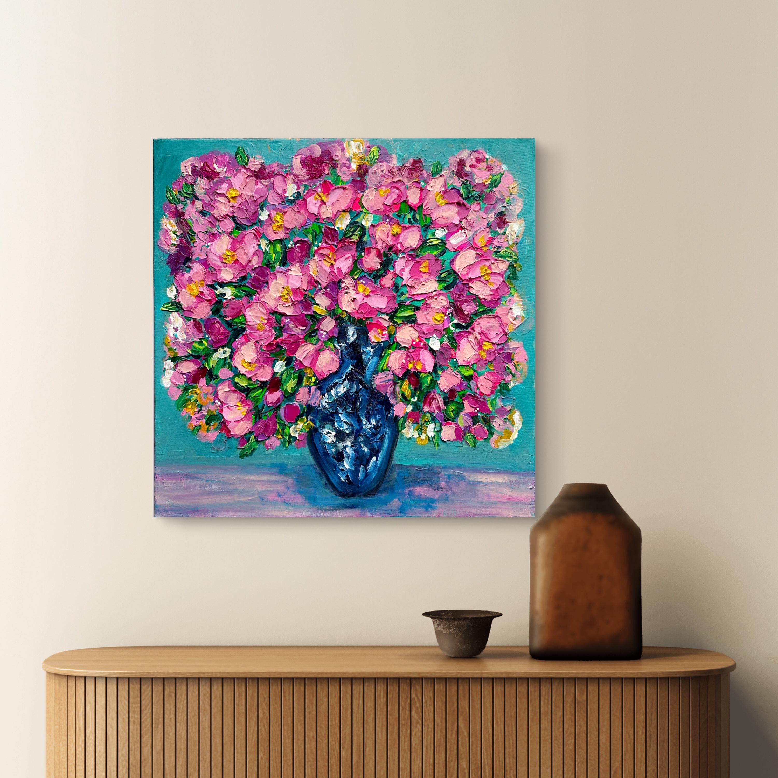 ROYAL BOUQUET: Square 3D Heavy Texture Floral Wall Art, Pink Peony Relief in Teal Vase