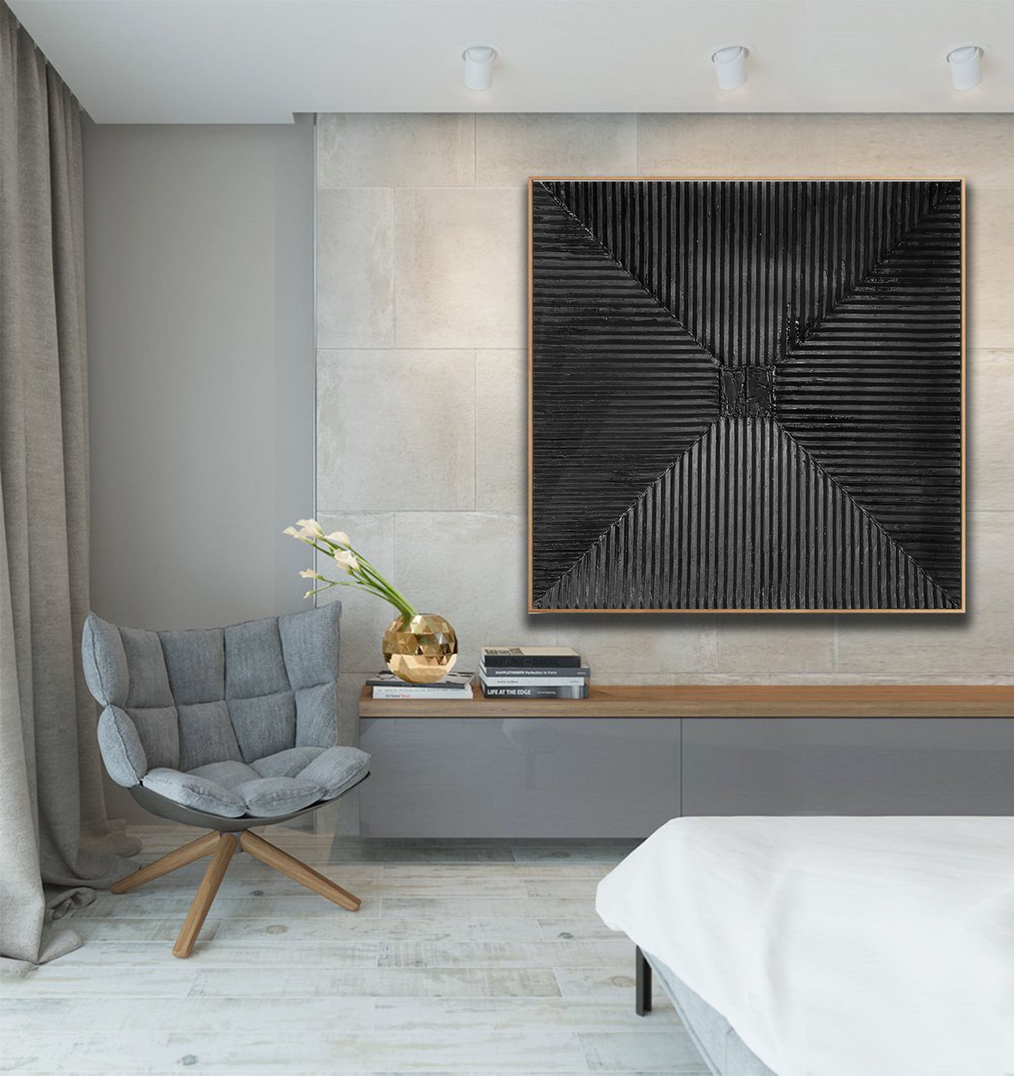 Dark Radiance – Modern Wabi-Sabi Radial Relief Monochromatic Minimalist Painting | Japandi Wabi-Sabi Living Room & Bedroom Art