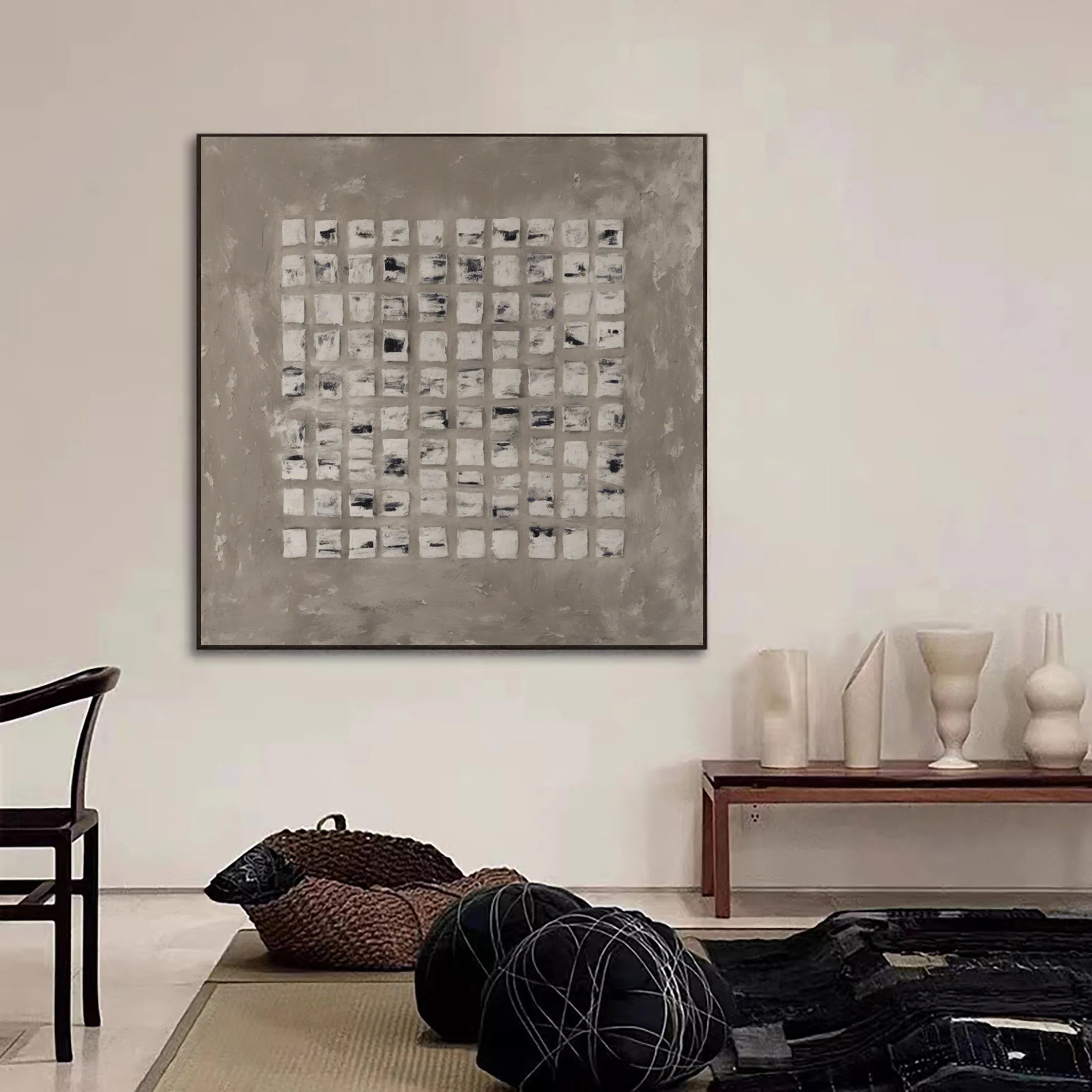 Square Sequence – Hand-Painted Neutral Grey Matrix Plaster Relief Wabi-Sabi Painting | Japandi Organic Wabi-Sabi Living Room & Hallway Art