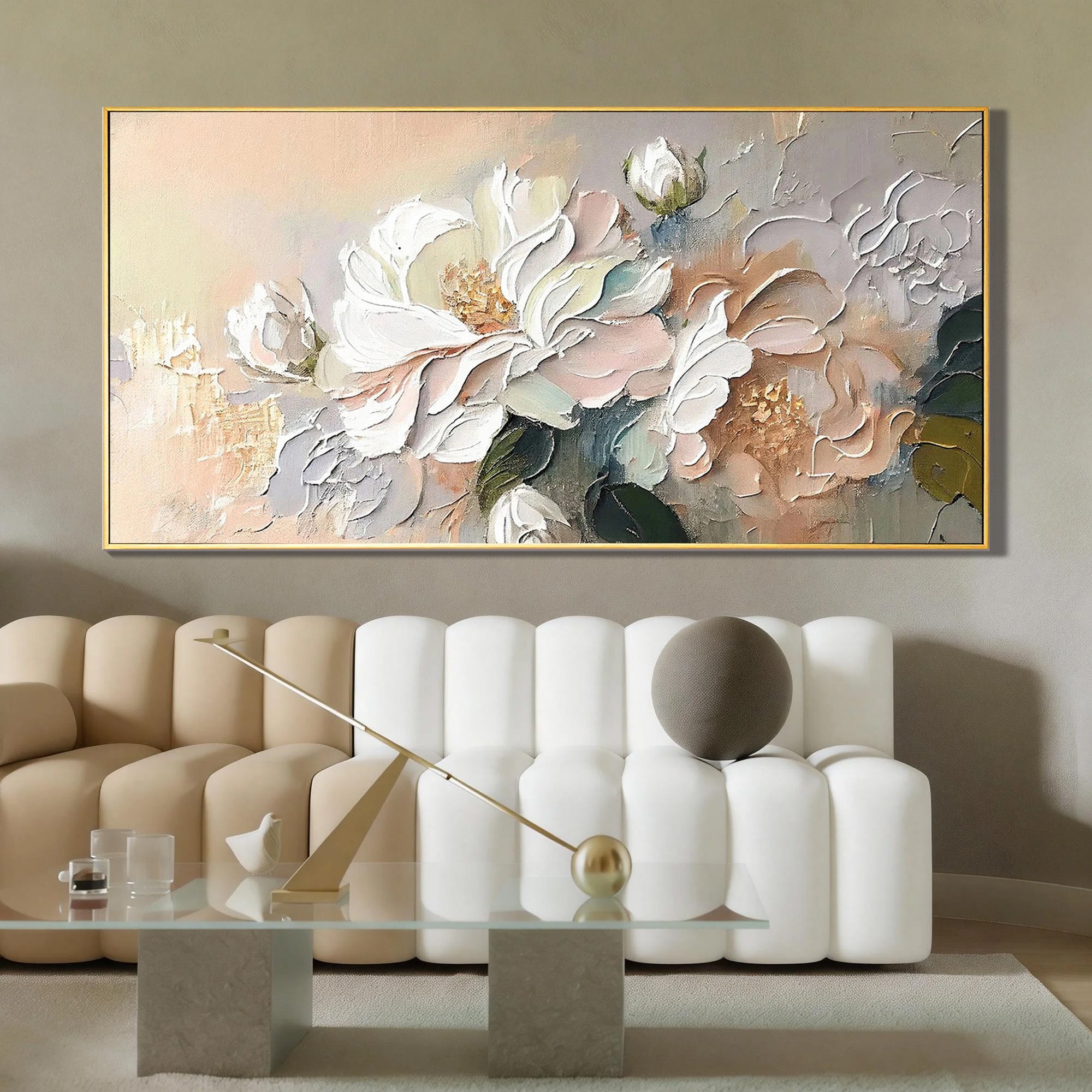 Creamy Blooms – Hand-Painted Impasto White Peony Thick Floral Painting | Soft Organic Botanical Bedroom & Living Room Art