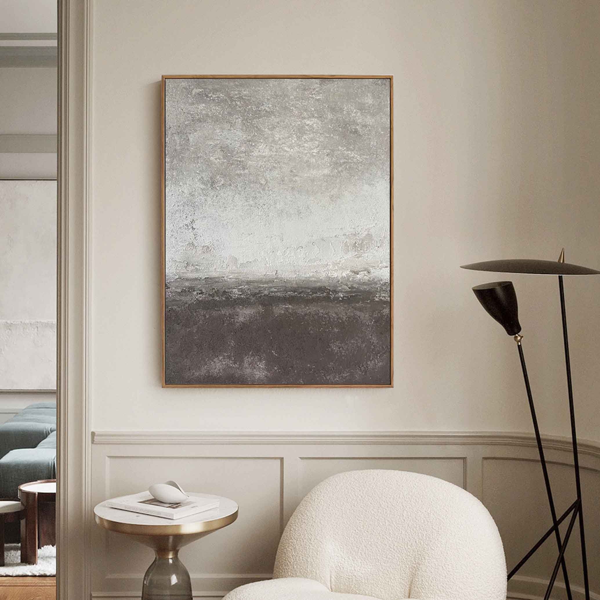 Concrete Mist – Hand-Painted Grey and White Cement Plaster Effect Grained Wabi-Sabi Painting | Japandi Wabi-Sabi Living Room & Bedroom Art