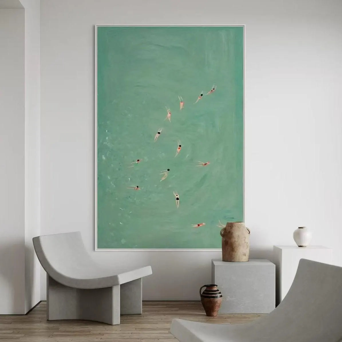 Mint Sea Wanderlust – Modern Retro Swimmers Mint Green Art | Cozy Summer Bedroom Art