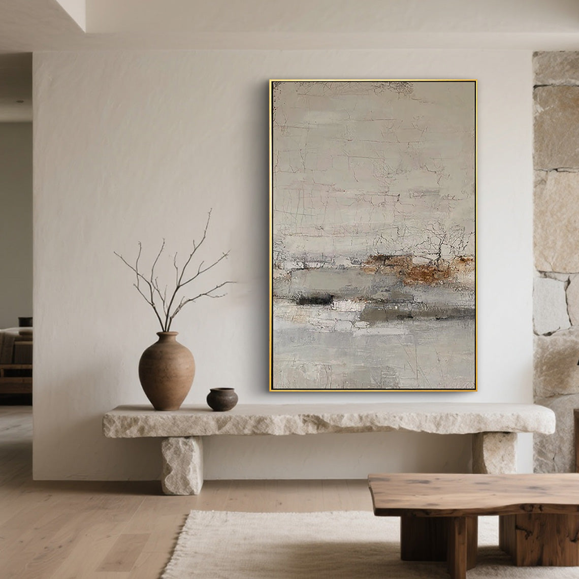 Rustic Strata – Hand-Painted Neutral Beige and Rust Palette Knife Wabi-Sabi Painting | Japandi Organic Wabi-Sabi Living Room & Hallway Art