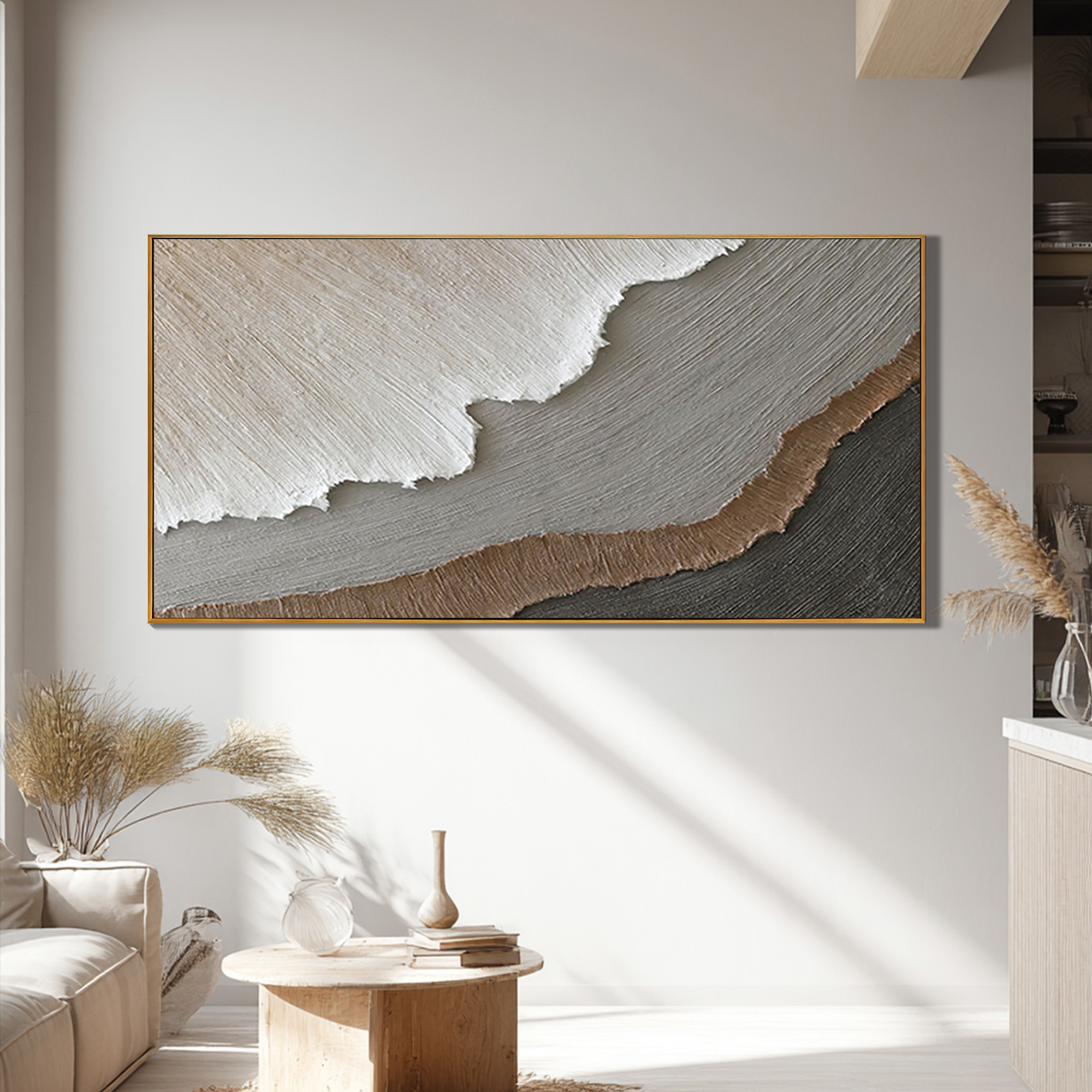 Terrain Strata – Hand-Painted Neutral Grey and Brown 3D Plaster Relief Texture Painting | Japandi Organic Texture Living Room & Bedroom Art