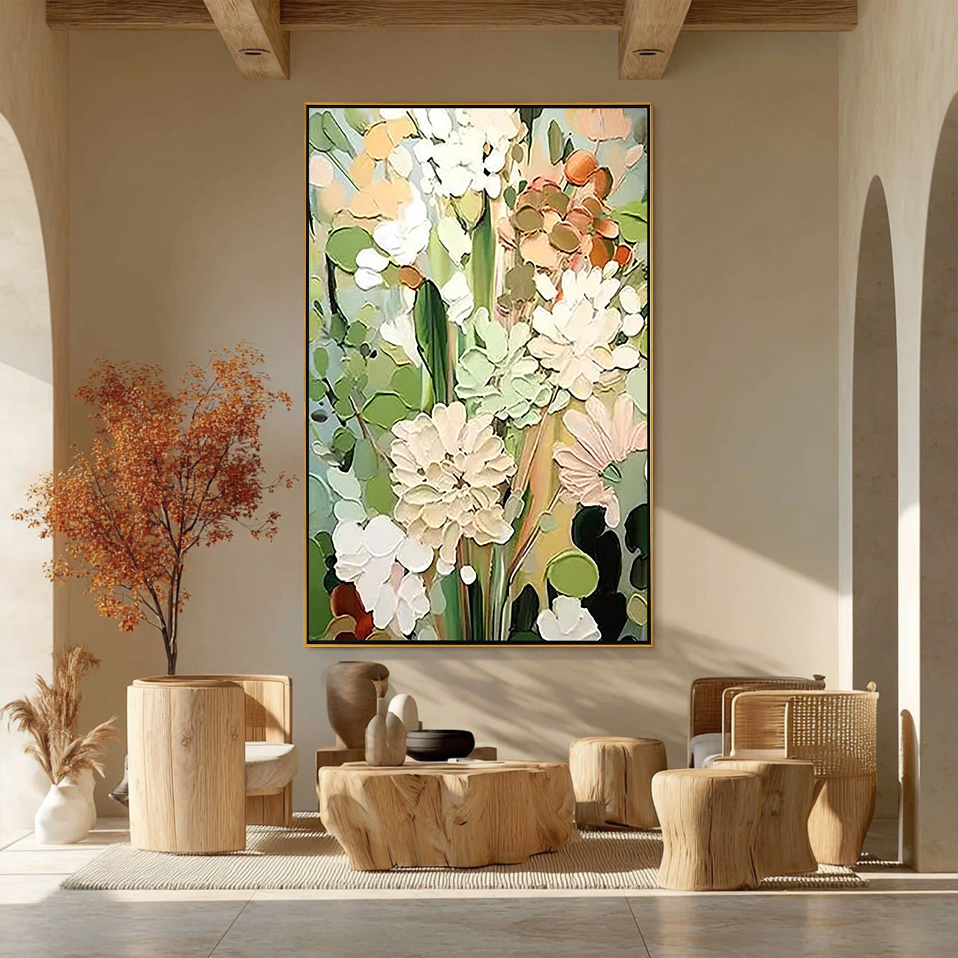 Verdant Bloom – Hand-Painted Sage Green and Cream 3D Impasto Palette Knife Floral Painting | Heavy Texture Studio Art