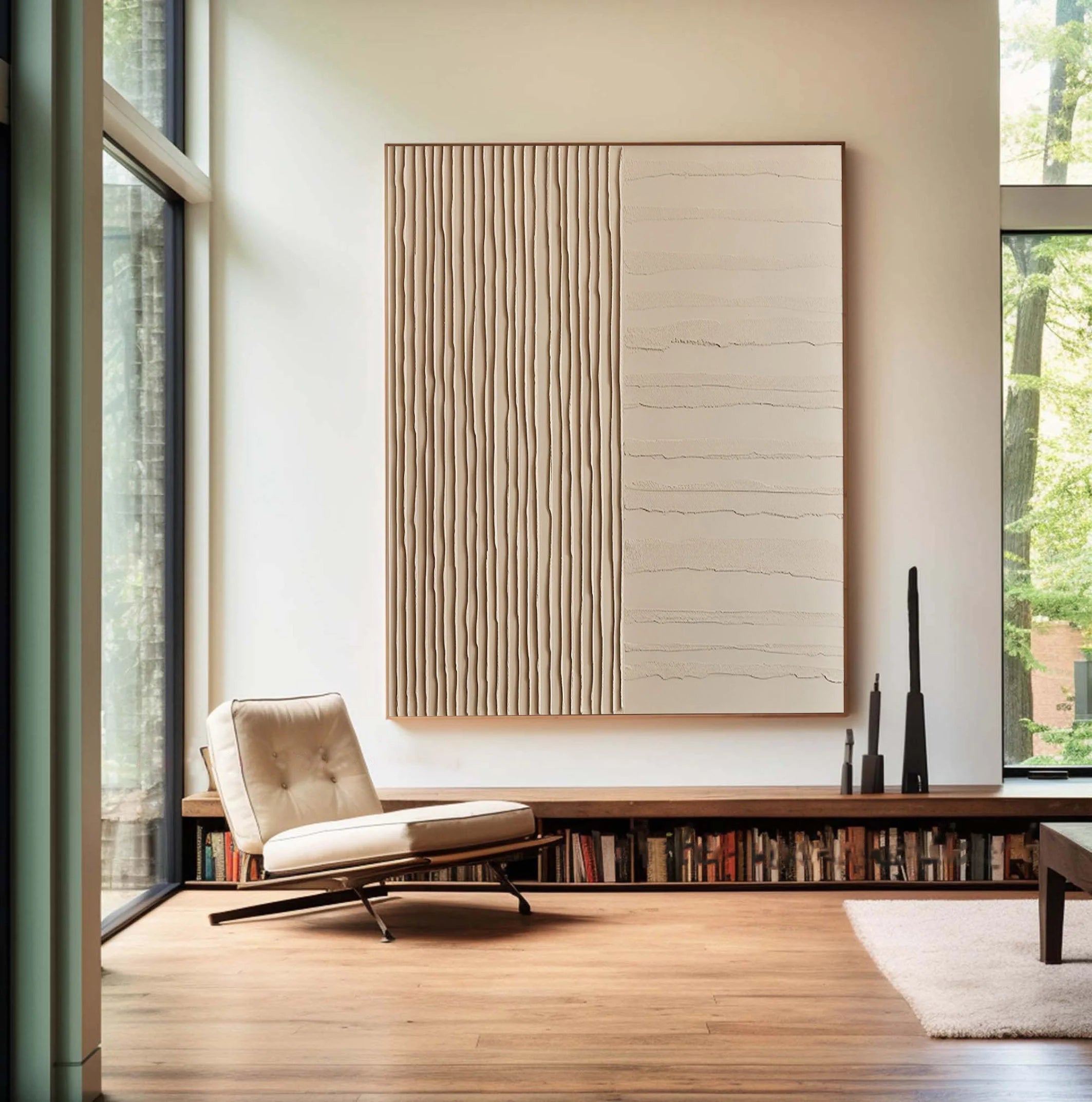 Linear Harmony – Hand-Painted Minimalist Beige Line Plaster Effect Relief Wabi-Sabi Painting | Japandi Organic Wabi-Sabi Living Room & Hallway Art