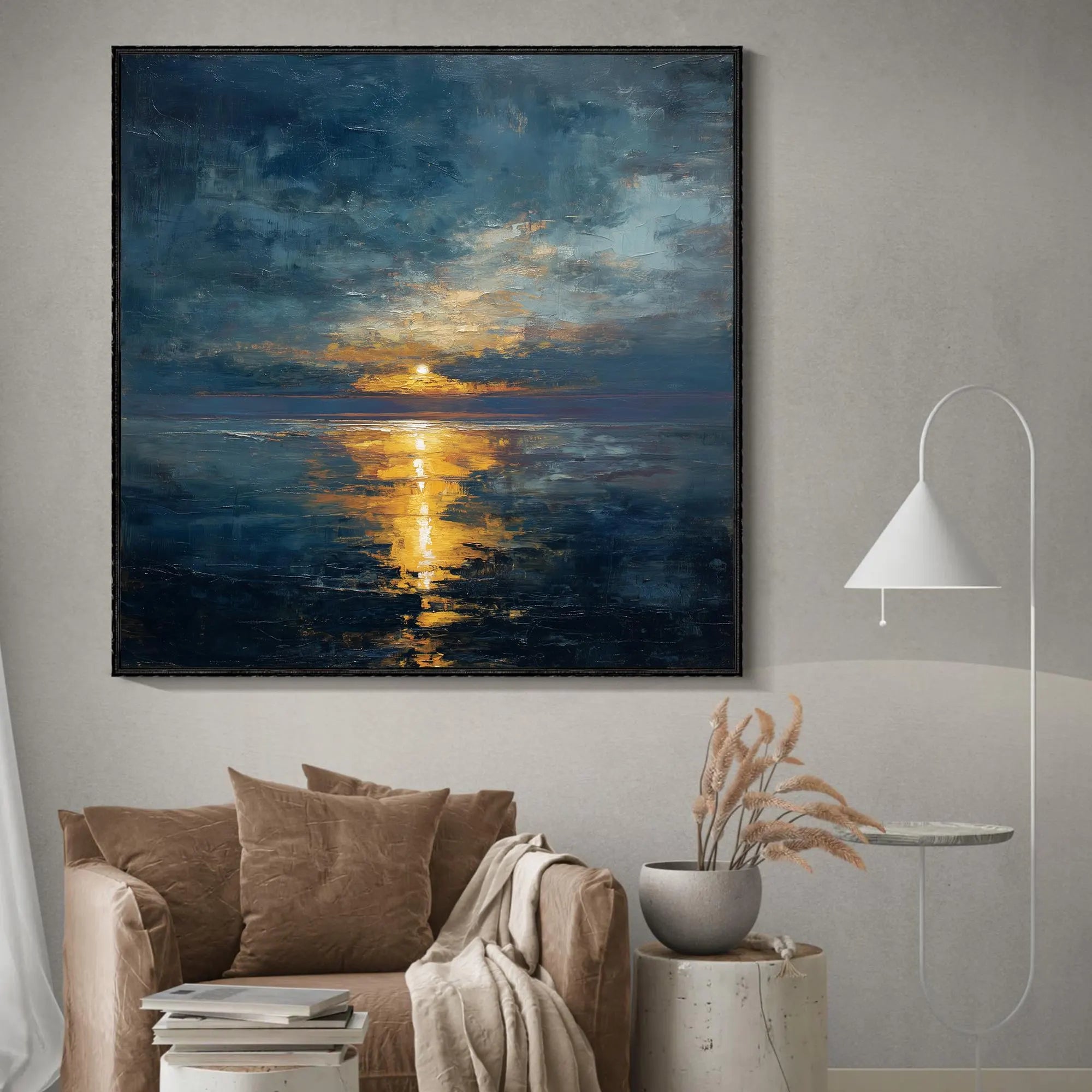 Eternal Shore – Moody Cloud & Golden Sun Impasto Texture Painting | Modern Luxury Metallic Living Room & Hotel Art