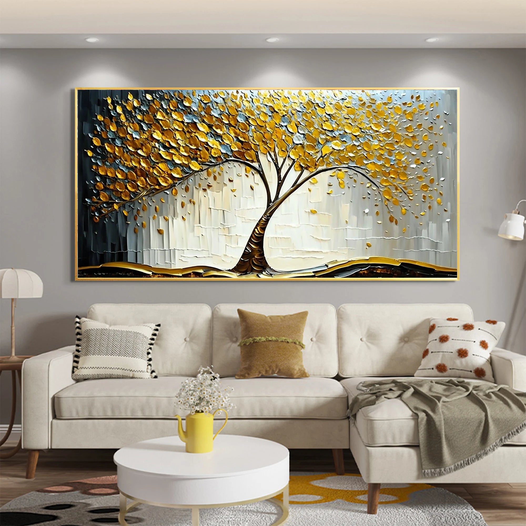 Golden Prosperity – Modern Luxury Oil Painting | Impasto Gold Leaf Tree of Life Living Room Art