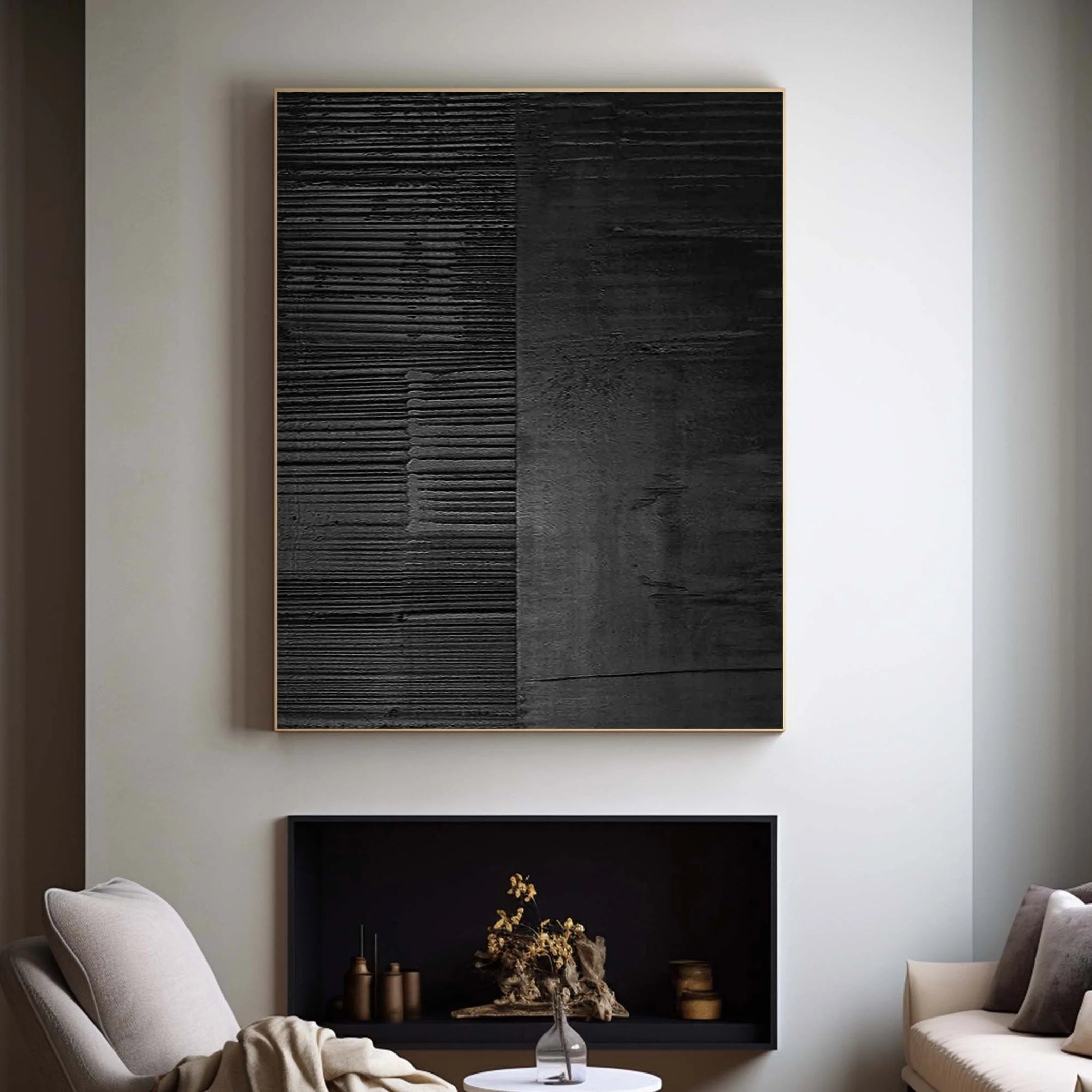 Carbon Grid – Hand-Painted Pure Black Plaster Effect Industrial Line Relief Wabi-Sabi Painting | Japandi Wabi-Sabi Living Room & Bedroom Art
