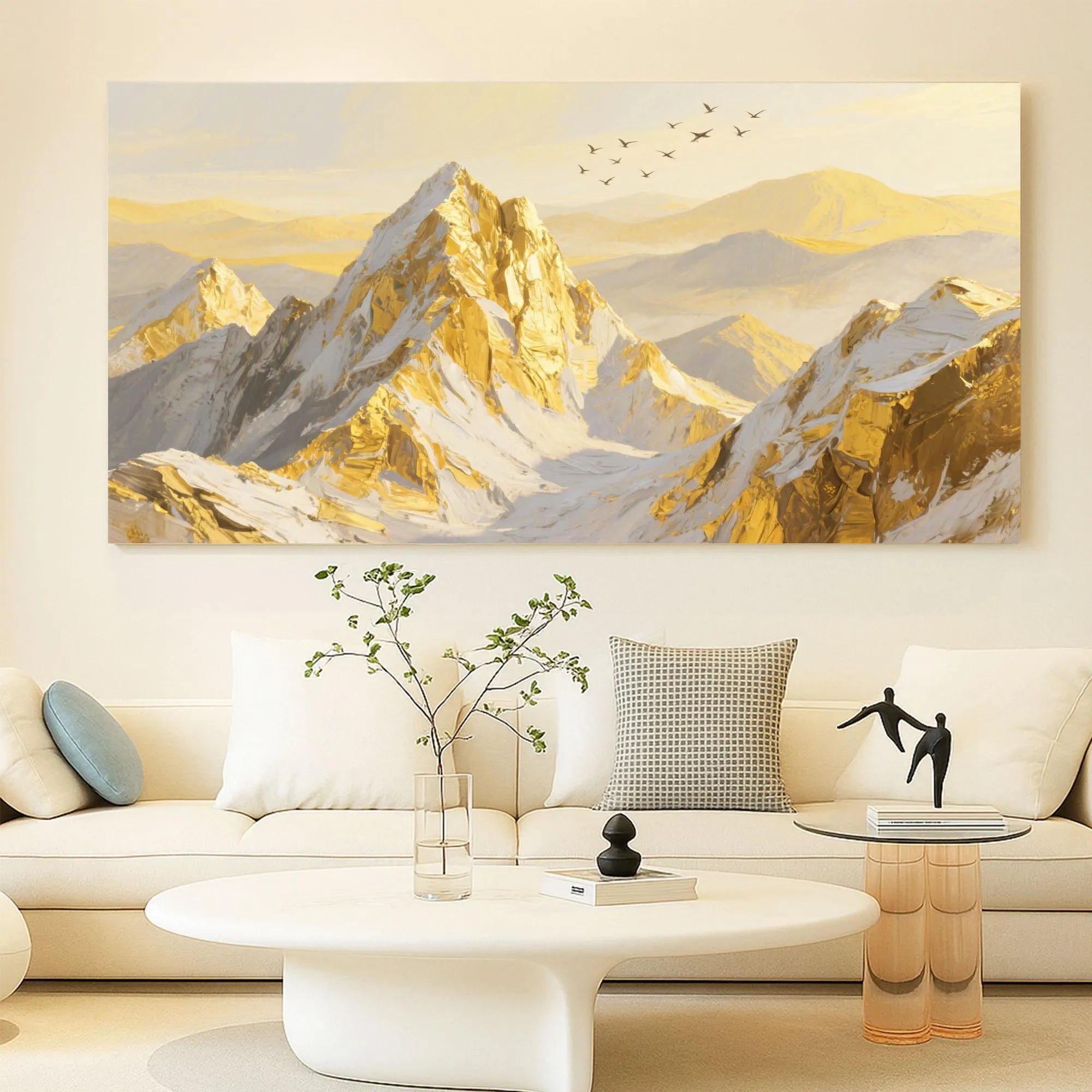 Golden Summit – Hand-Painted Alpine Snow Peak Landscape Palette Knife Oil Mountain Painting | Contemporary Mountain Living Room & Home Office Art