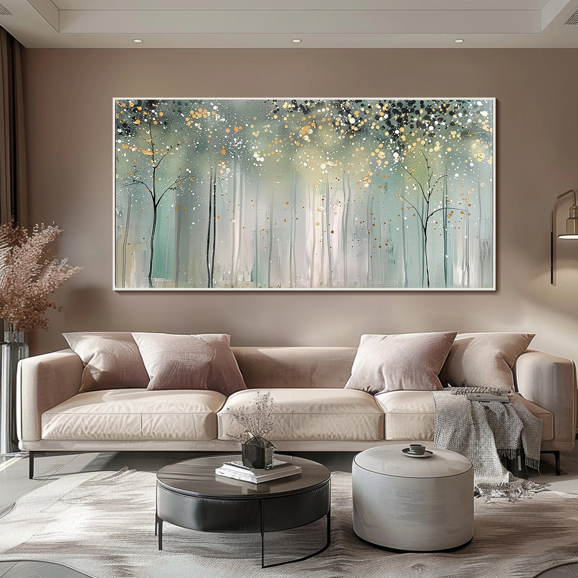 Stardust Forest – Hand-Painted Abstract Gold Pointilism Forest Scene Landscape Painting | Contemporary Landscape Living Room & Dining Room Art