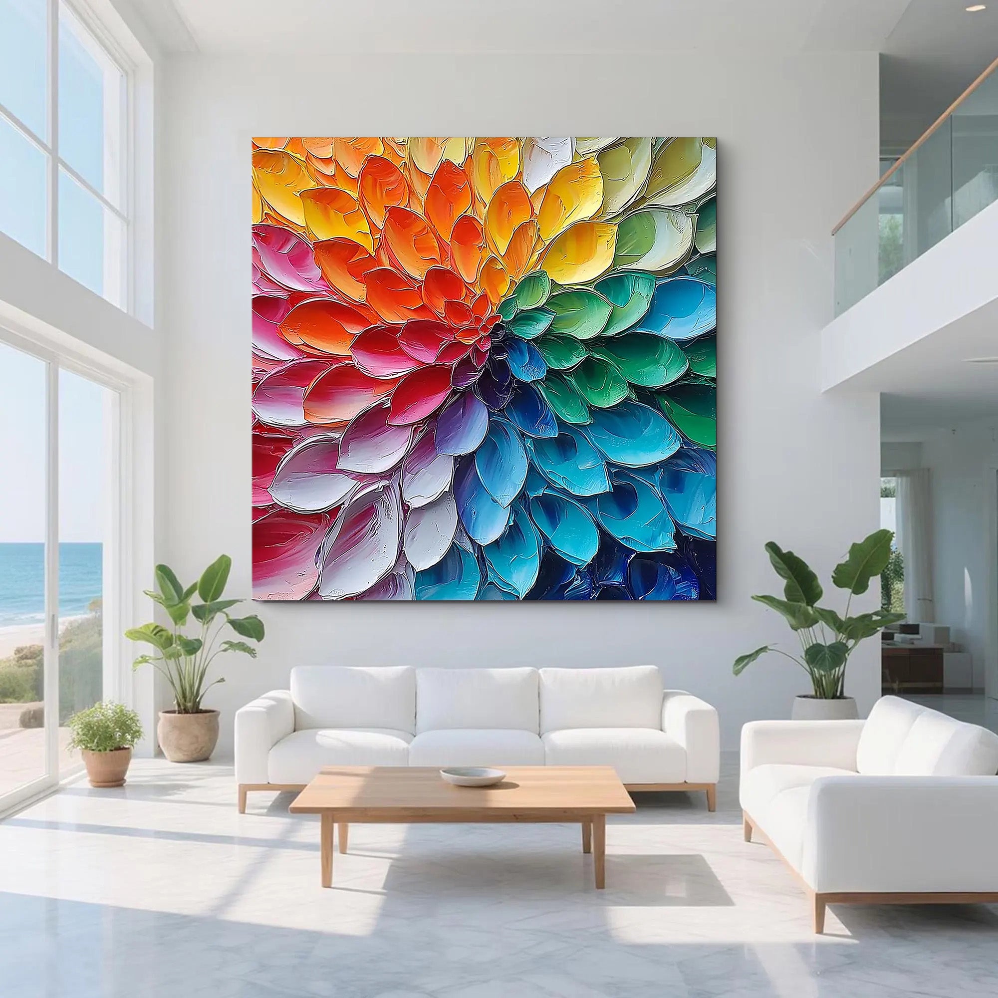 RAINBOW RADIANCE: Modern Square 3D Heavy Texture Abstract Wall Art, Vibrant Petal Relief Canvas