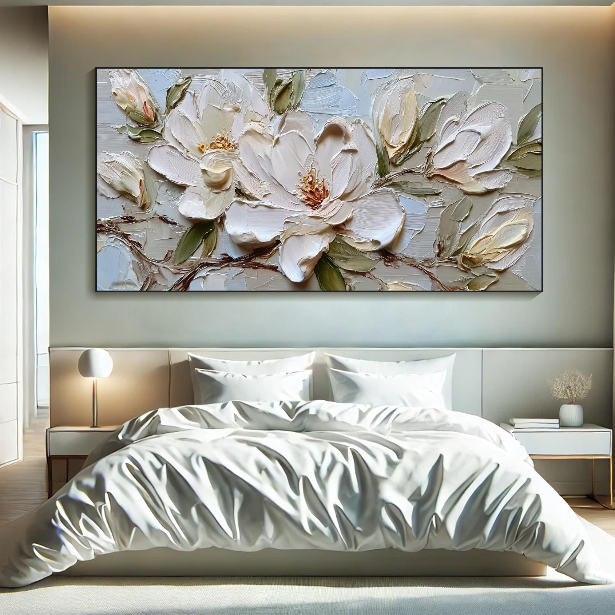 SERENE MAGNOLIA: Panoramic 3D Heavy Texture Floral Wall Art, Modern White Petal Relief Impasto