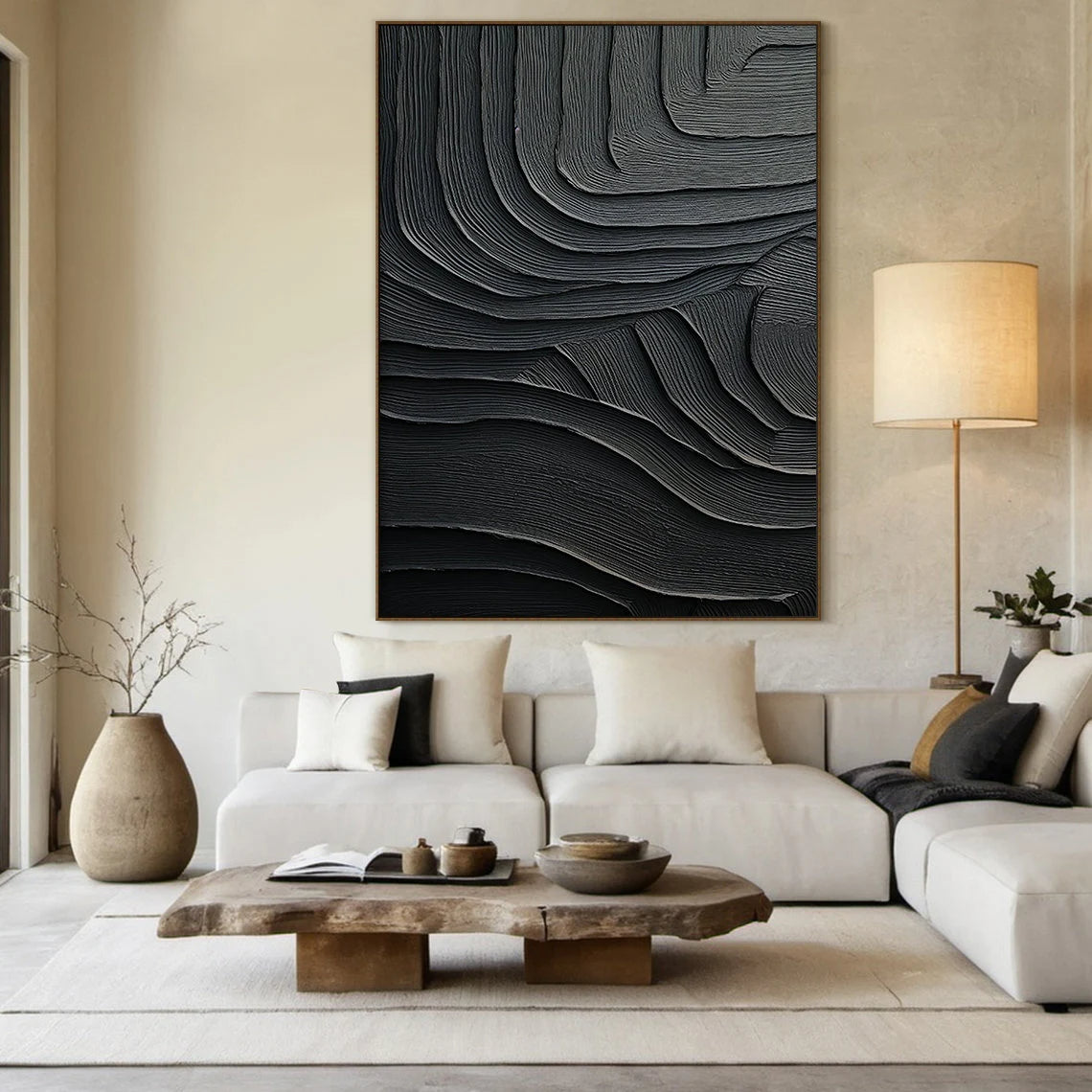Obsidian Strata – Hand-Painted All-Black Organic Wave Plaster Effect Texture Painting | Modern Industrial Plaster Home Office & Living Room Art