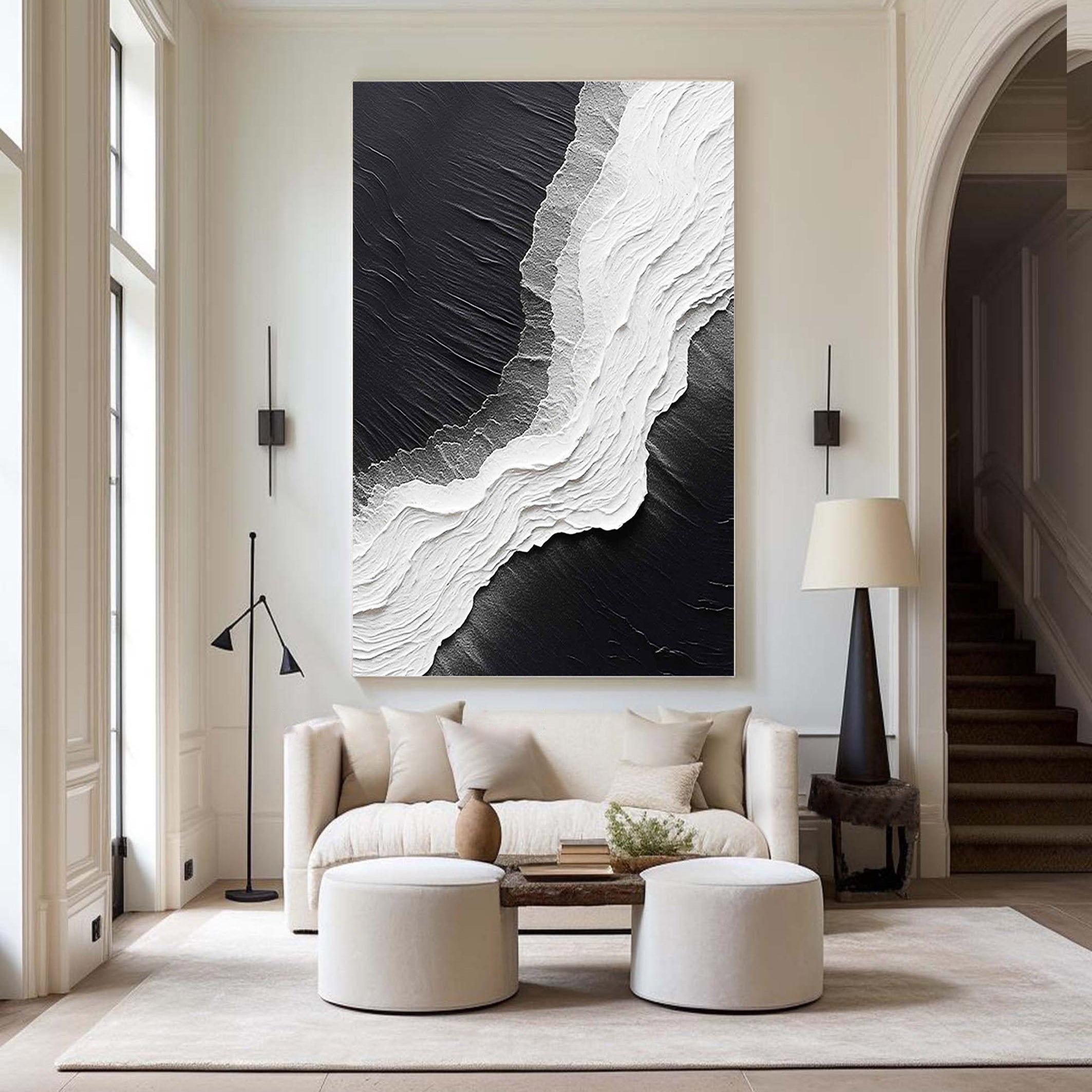 MONOCHROME RIDGE: Texture Wall Art, Hand-Painted Black and White 3D Plaster Relief Heavy Texture Studio Art
