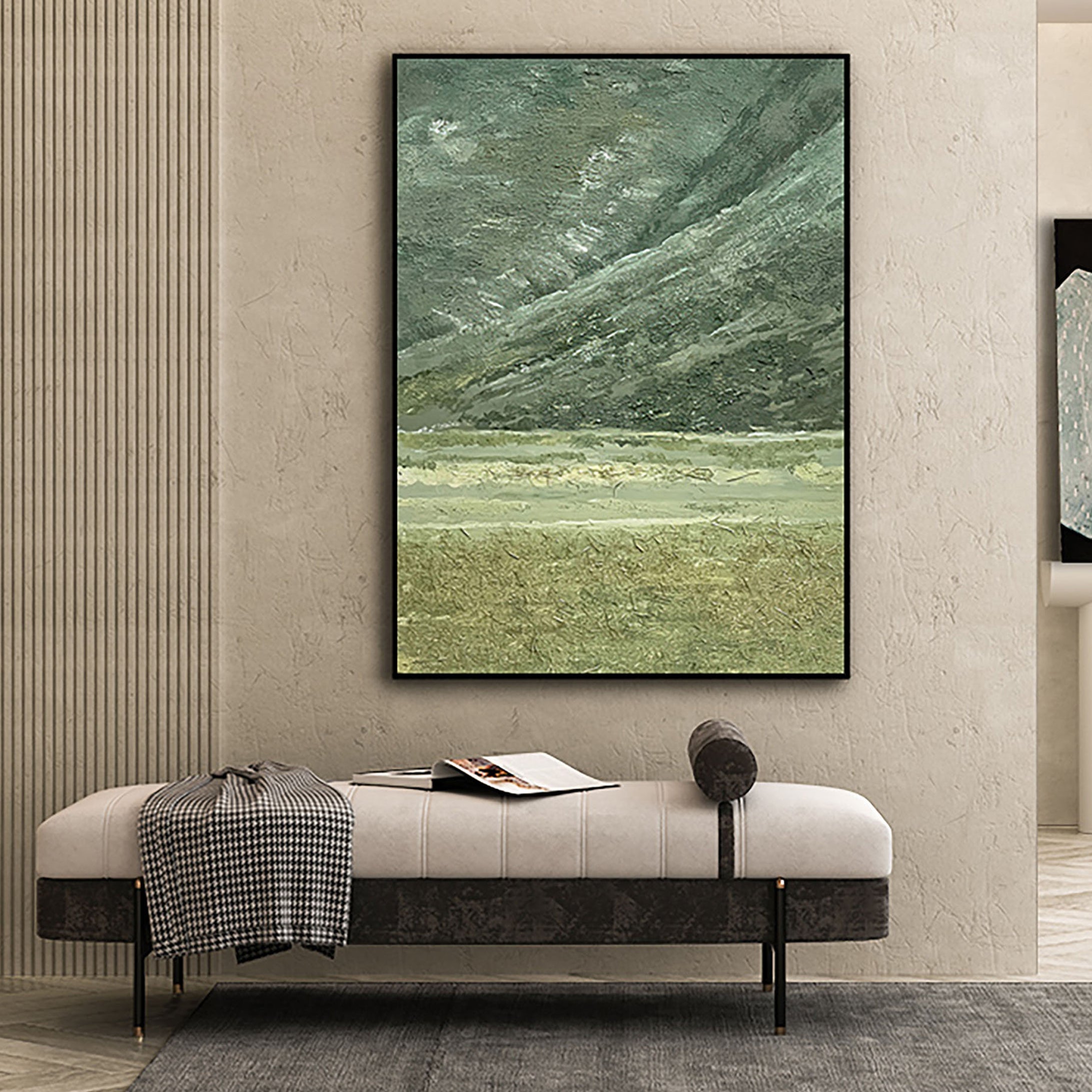 Moss Strata – Hand-Painted Sage Green Plaster Effect Layered Wabi-Sabi Painting | Japandi Wabi-Sabi Living Room & Bedroom Art