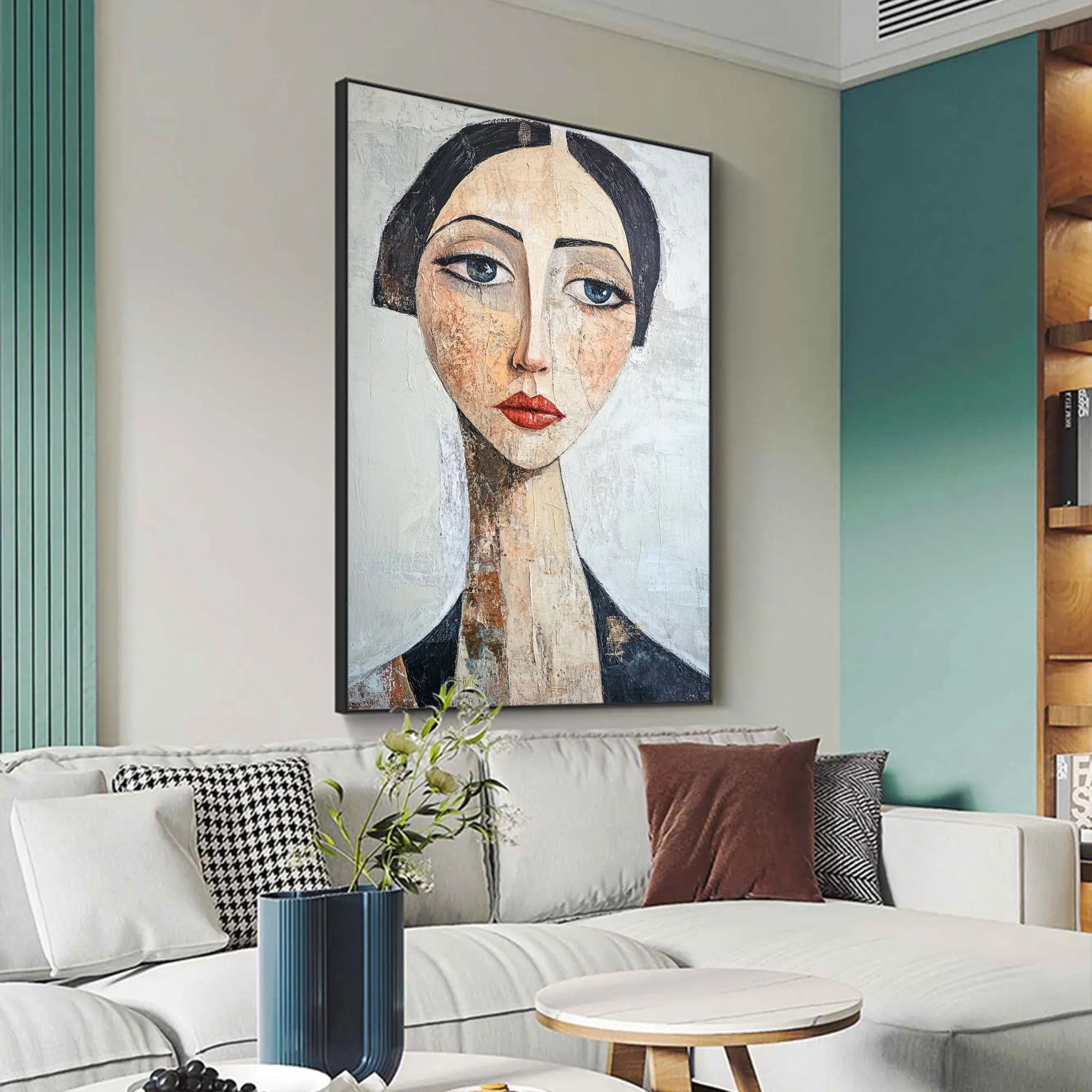 The Sapphire Gaze – Expressionist Modigliani-Style Woman Portrait Painting | Retro Minimalist Living Hallway Art