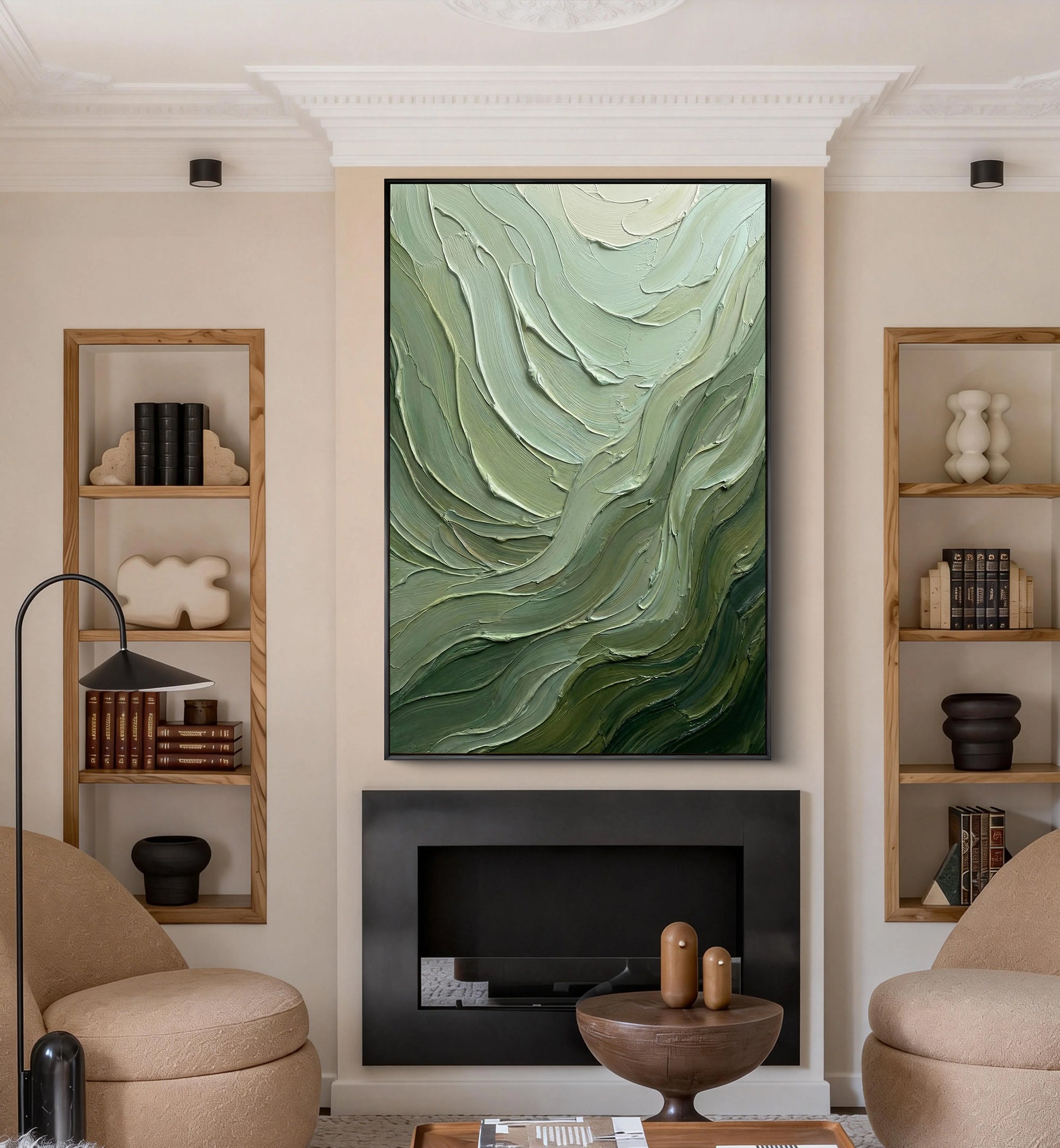 Verdant Flow – Hand-Painted Sage Green and Olive Wave Palette Knife Texture Painting | Modern Abstract Living Room & Office Art