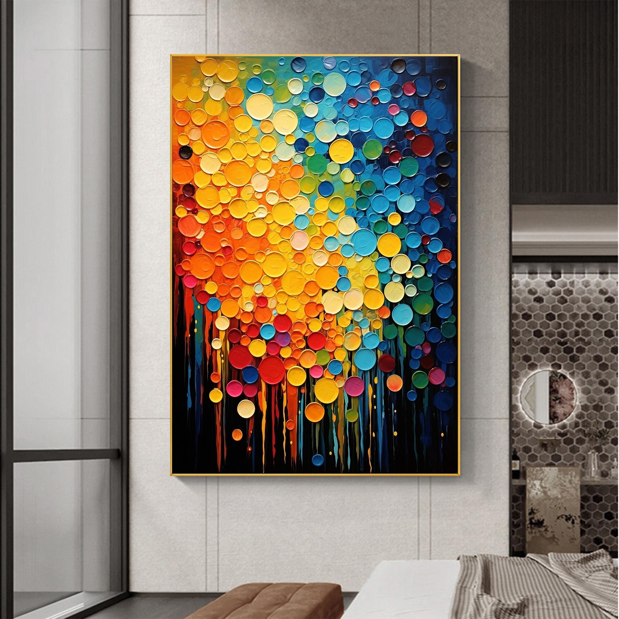 Vibrant Dots – Hand-Painted Multicolored Circular Pop Art Palette Knife Texture Painting | Bold Abstract Palette Knife Living Room Art