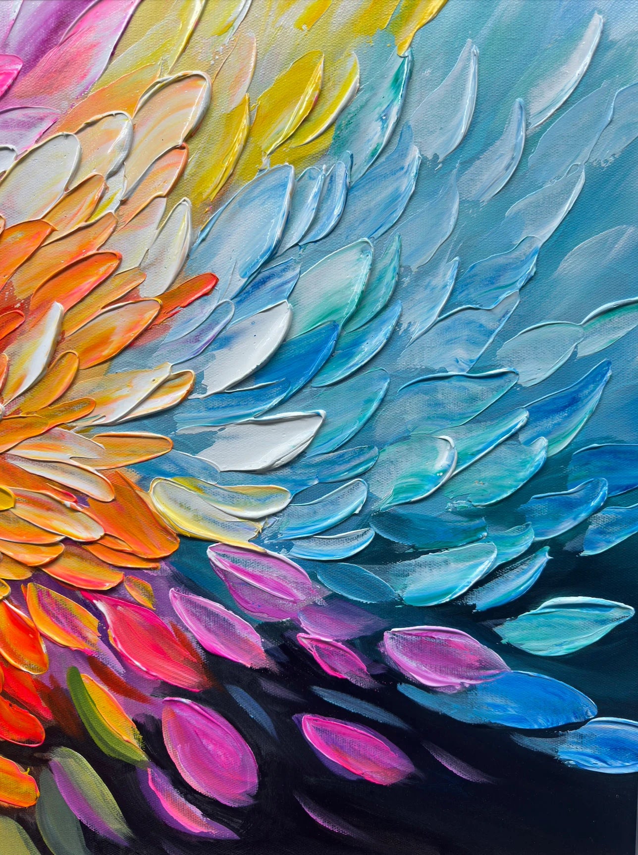 Chrono Bloom – Hand-Painted Multicolored Rainbow Palette Knife 3D Impasto Heavy Texture Oil Abstract Painting | Vibrant Botanical Living Room & Dining Room Art