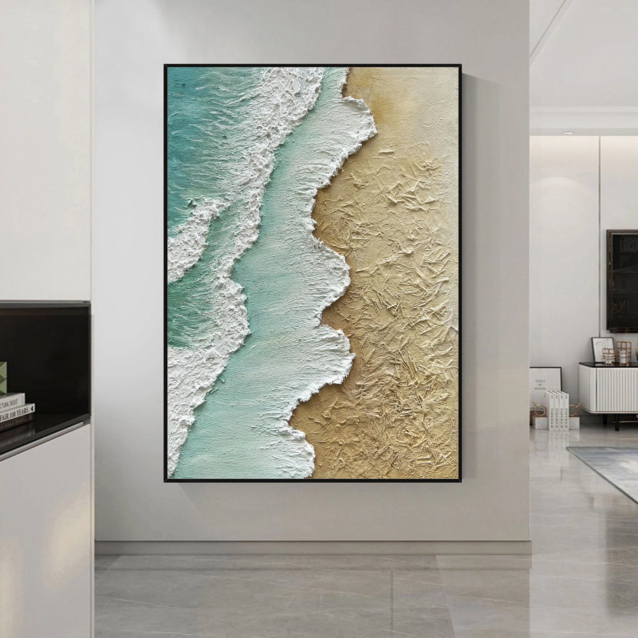 Emerald Coast – 3D Textured Seascape Abstract Heavy Painting | Coastal Modern Living Room & Bedroom Art