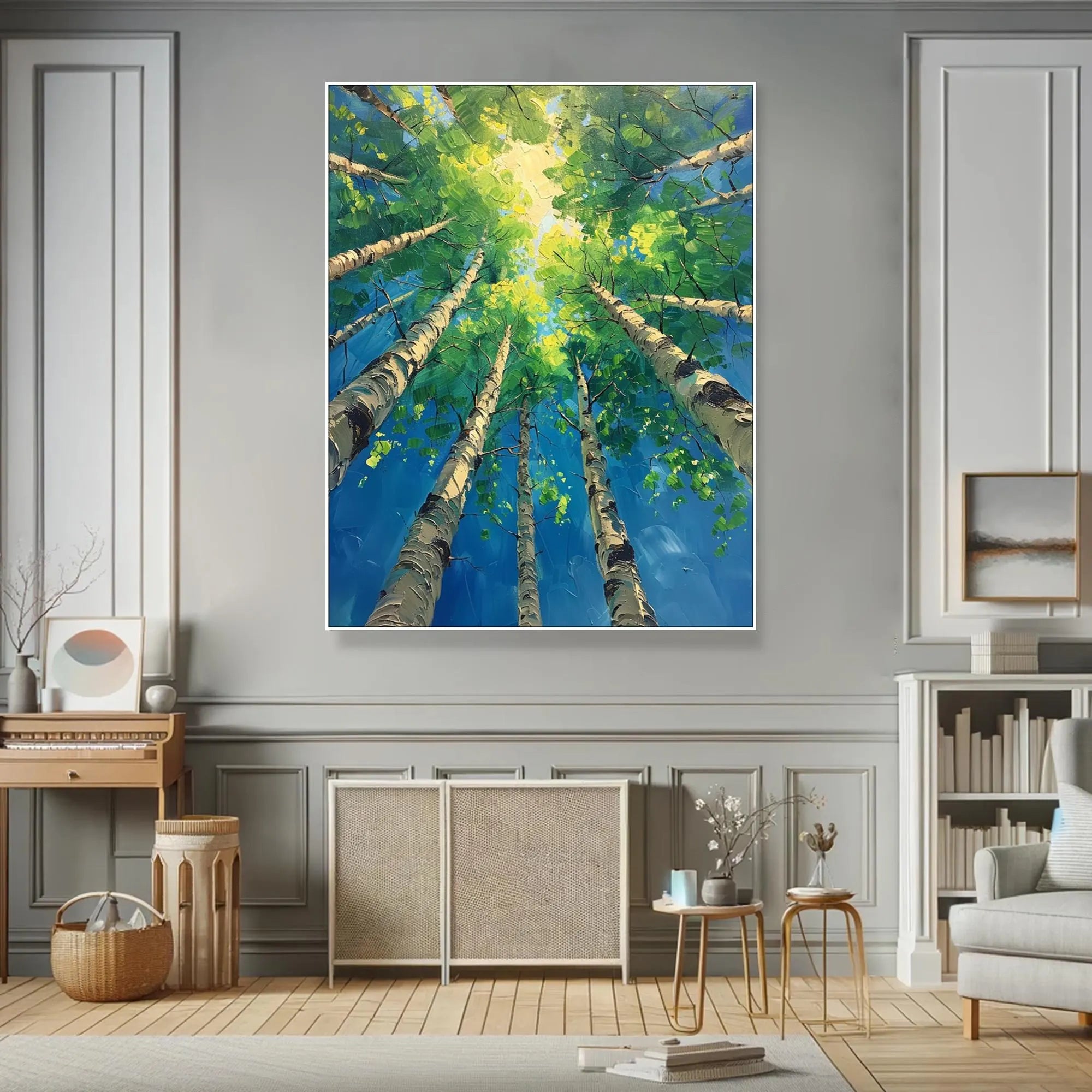 Azure Birch – Hand-Painted Looking Up Birch Forest Blue Sky Palette Knife Thick Nature Painting | Coastal Modern Living Room & Bedroom Art