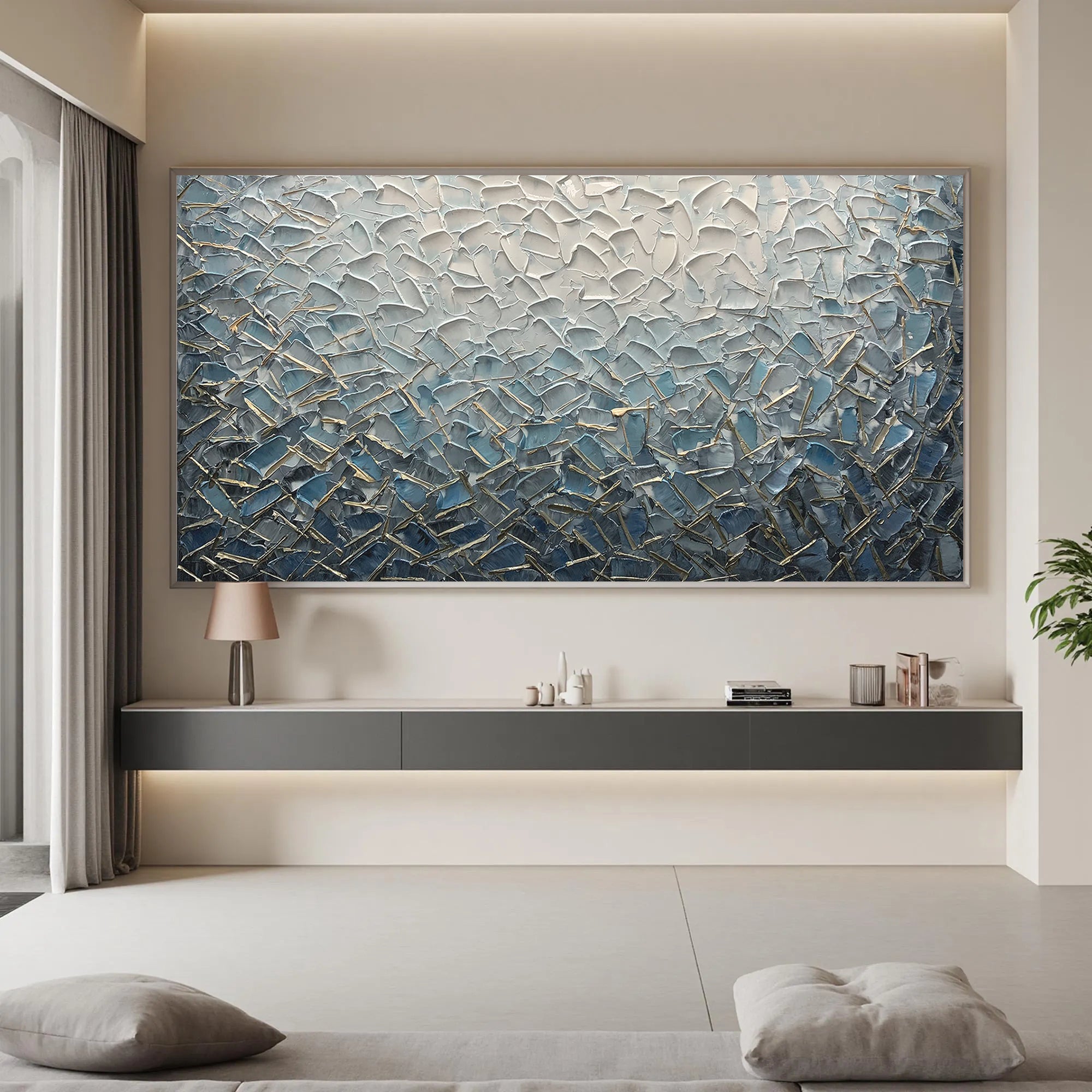 Azure Weave – Modern Blue and Silver Plaster Abstract Painting | Modern Abstract Living Room & Office Art