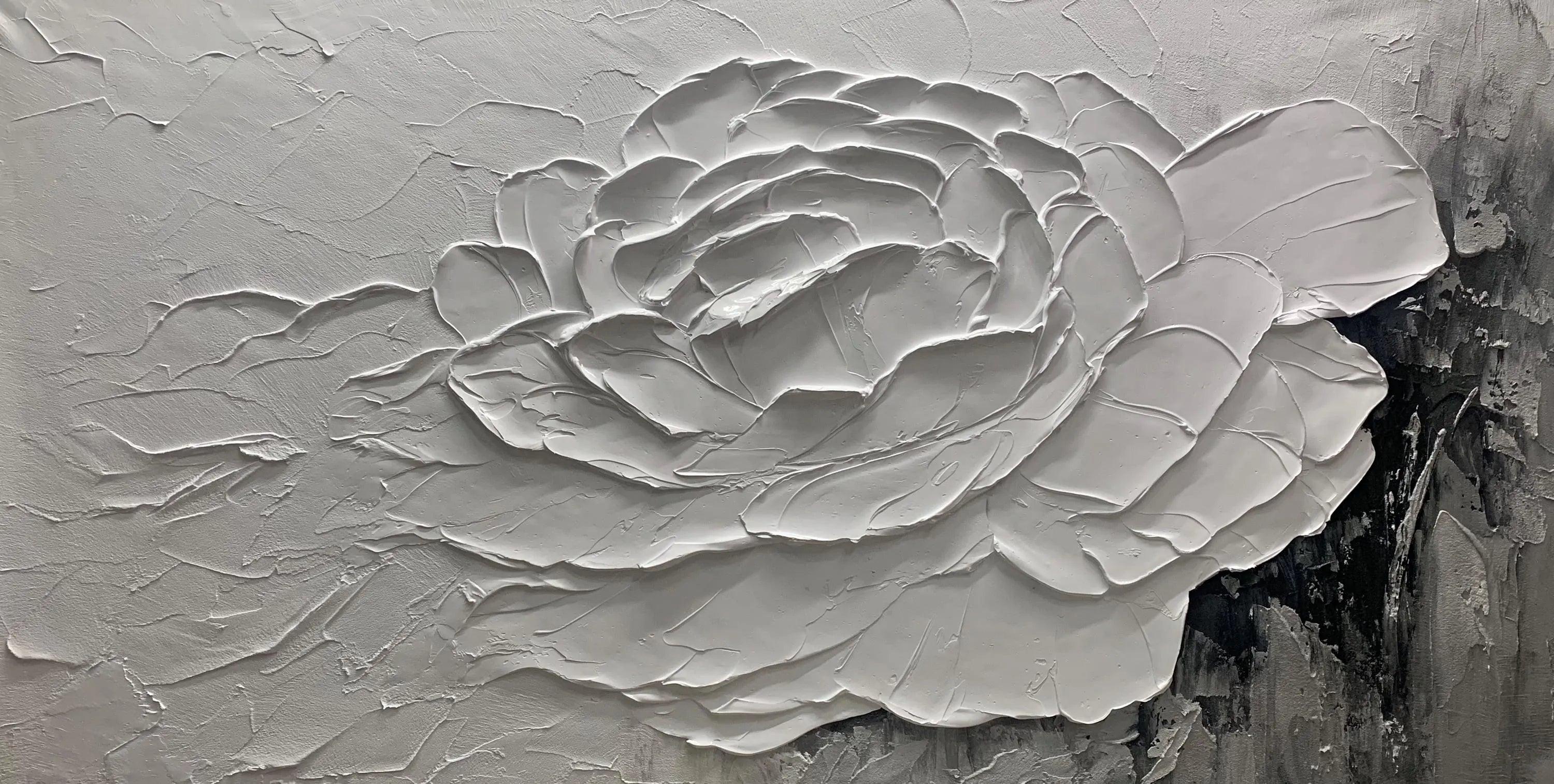 SCULPTED BLOOM: Floral Wall Art, Hand-Painted Horizontal Grey and White 3D Relief Plaster Effect Heavy Texture Studio Art
