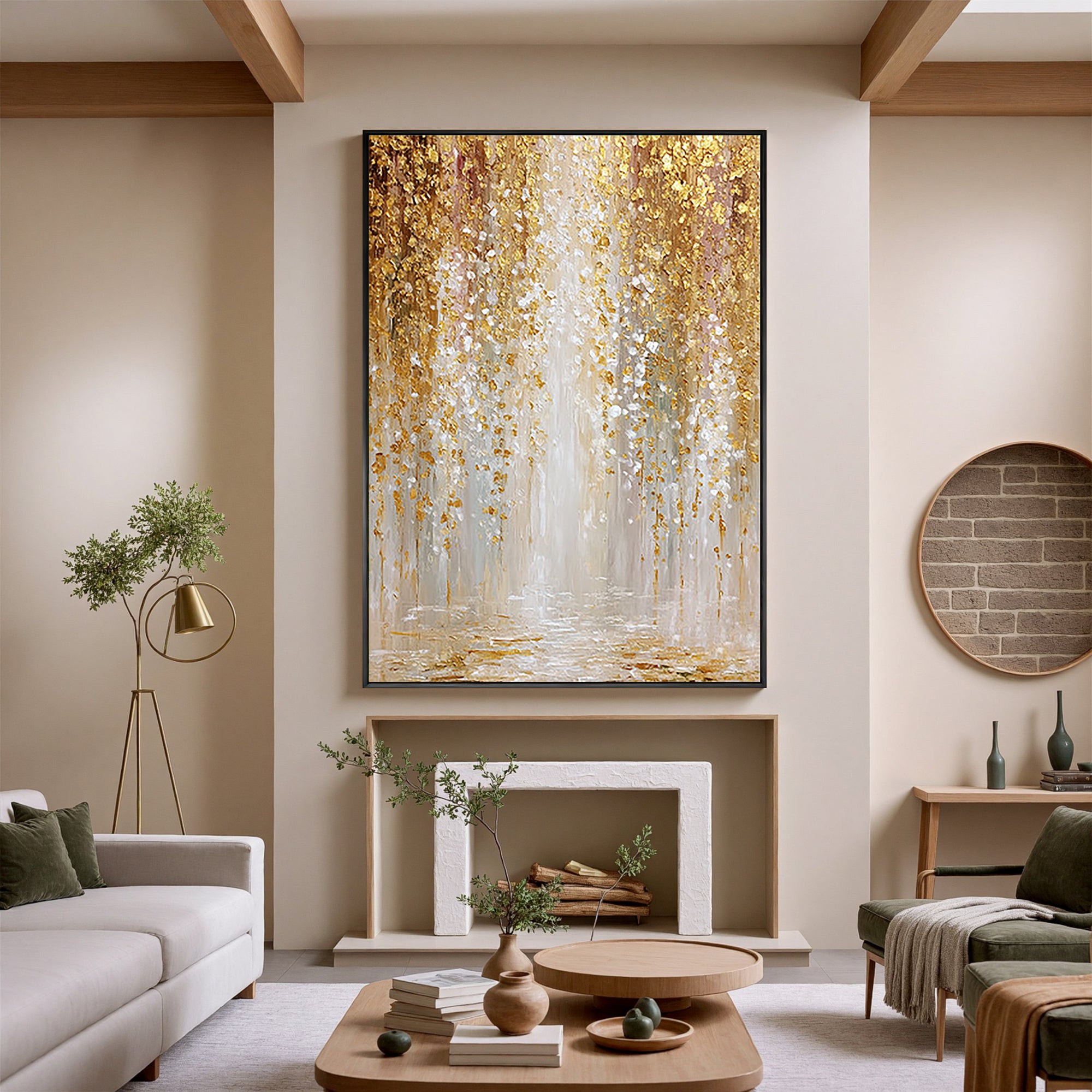 Gilded Rain – Modern Abstract Gold Leaf Waterfall Painting | Luxury Heavy Impasto Dining Room Art
