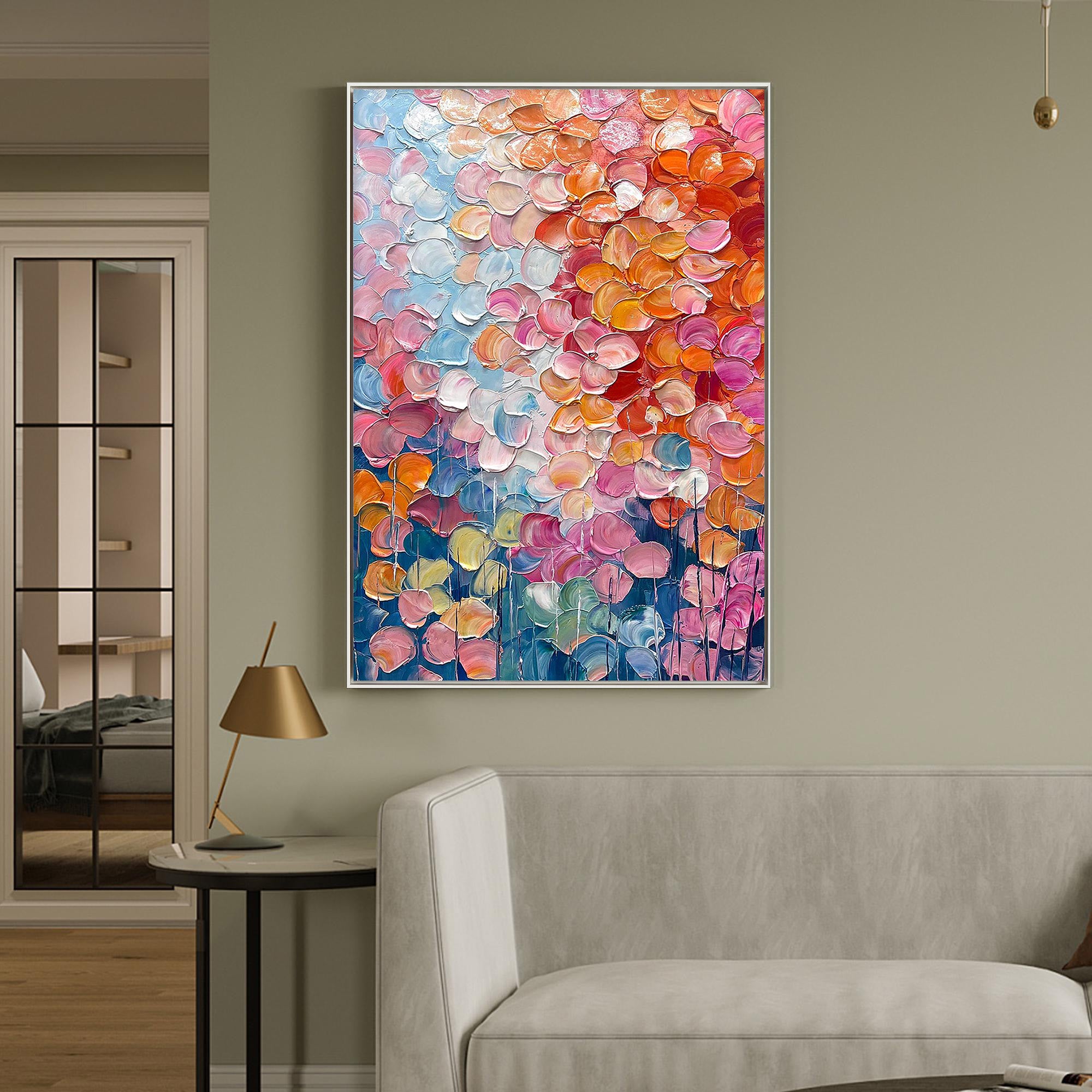Vibrant Bloom – Hand-Painted Multicolored Rainbow Palette Knife Floral Painting | Vibrant Botanical Living Room & Dining Room Art