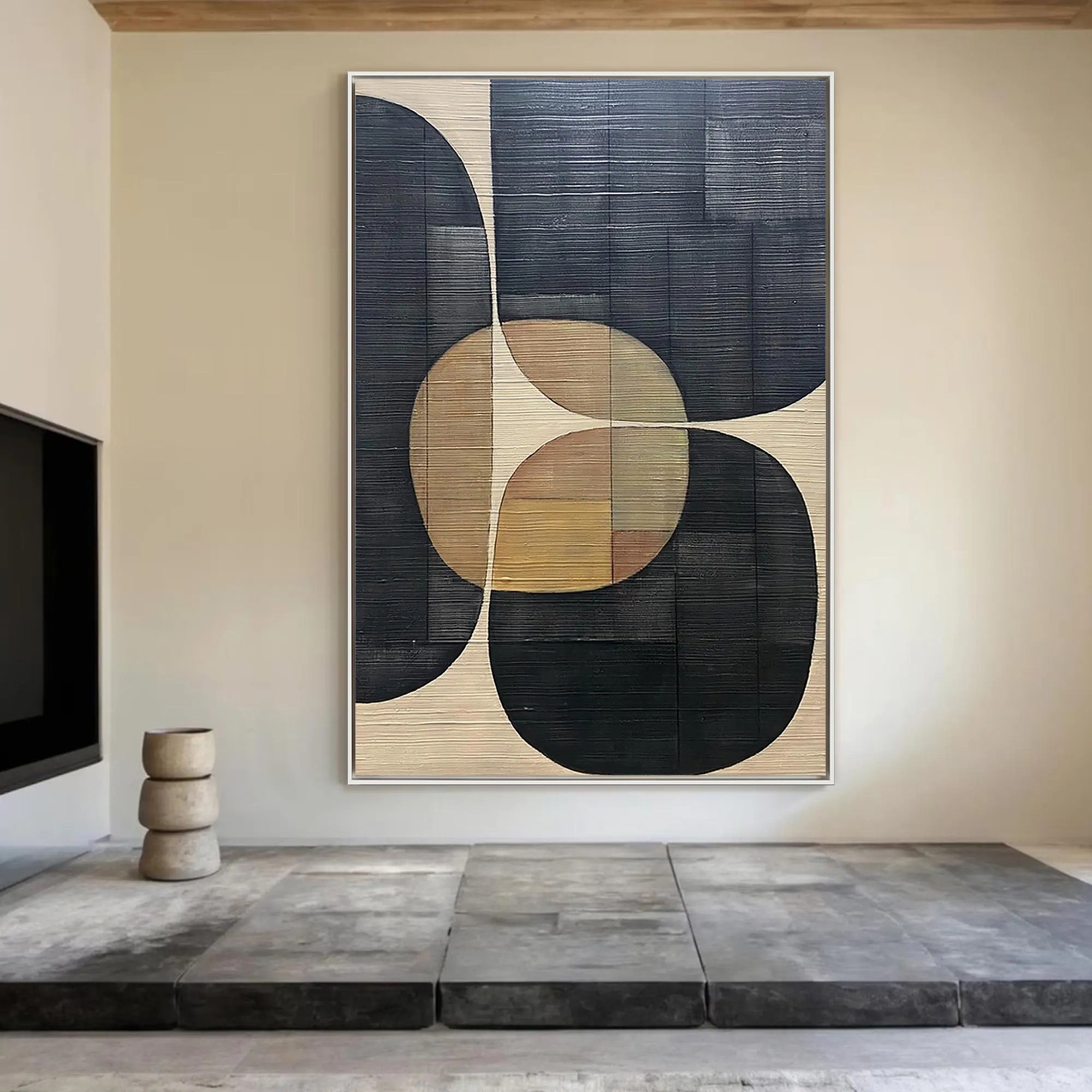 BAUHAUS RHYTHM- Mid-century Modern Geometric Art | Neutral Tone Abstract Textured Hallway Painting