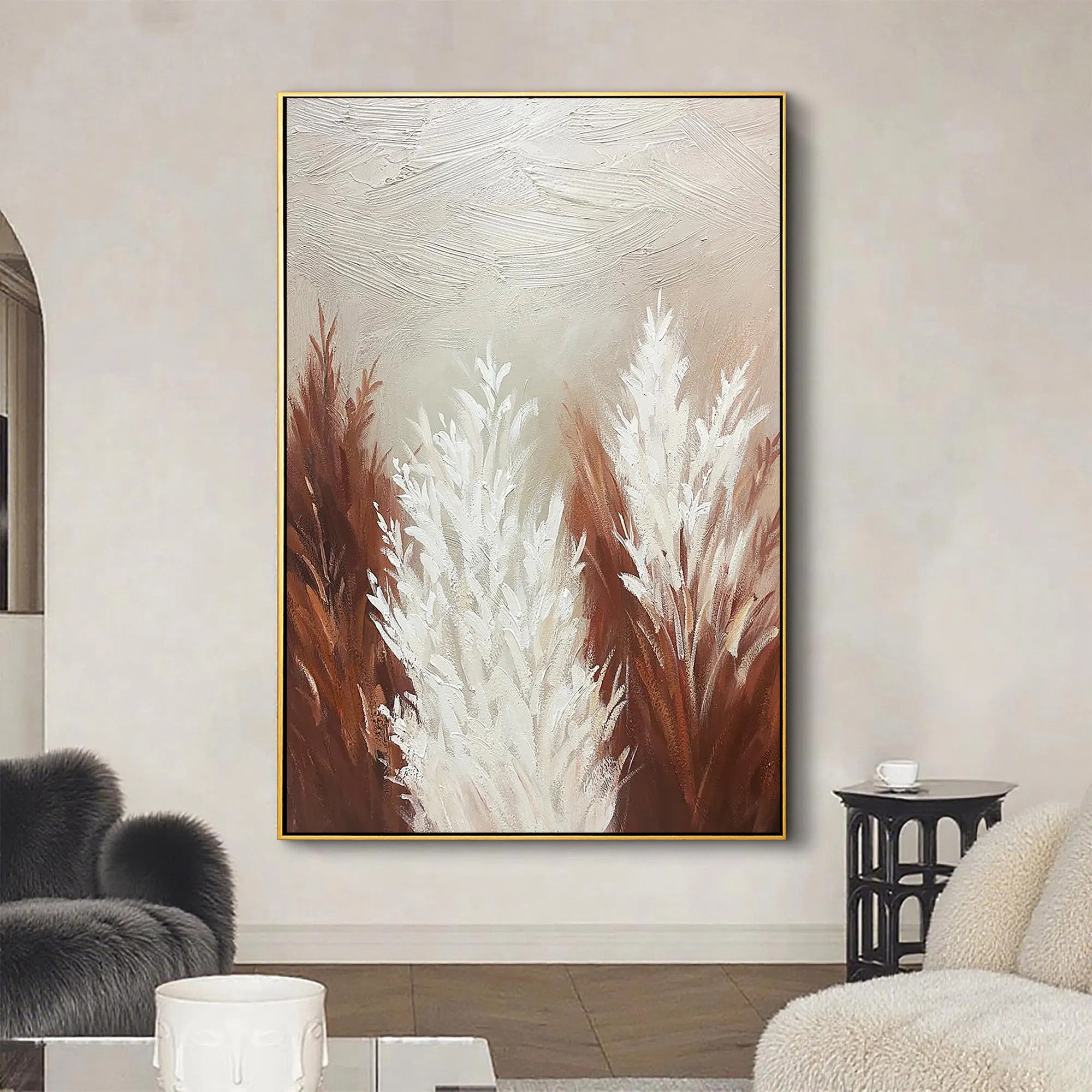 Pampas Whisper – Hand-Painted Minimalist Pampas Grass 3D Plaster Effect Floral Painting | Contemporary Botanical Bedroom & Living Room Art