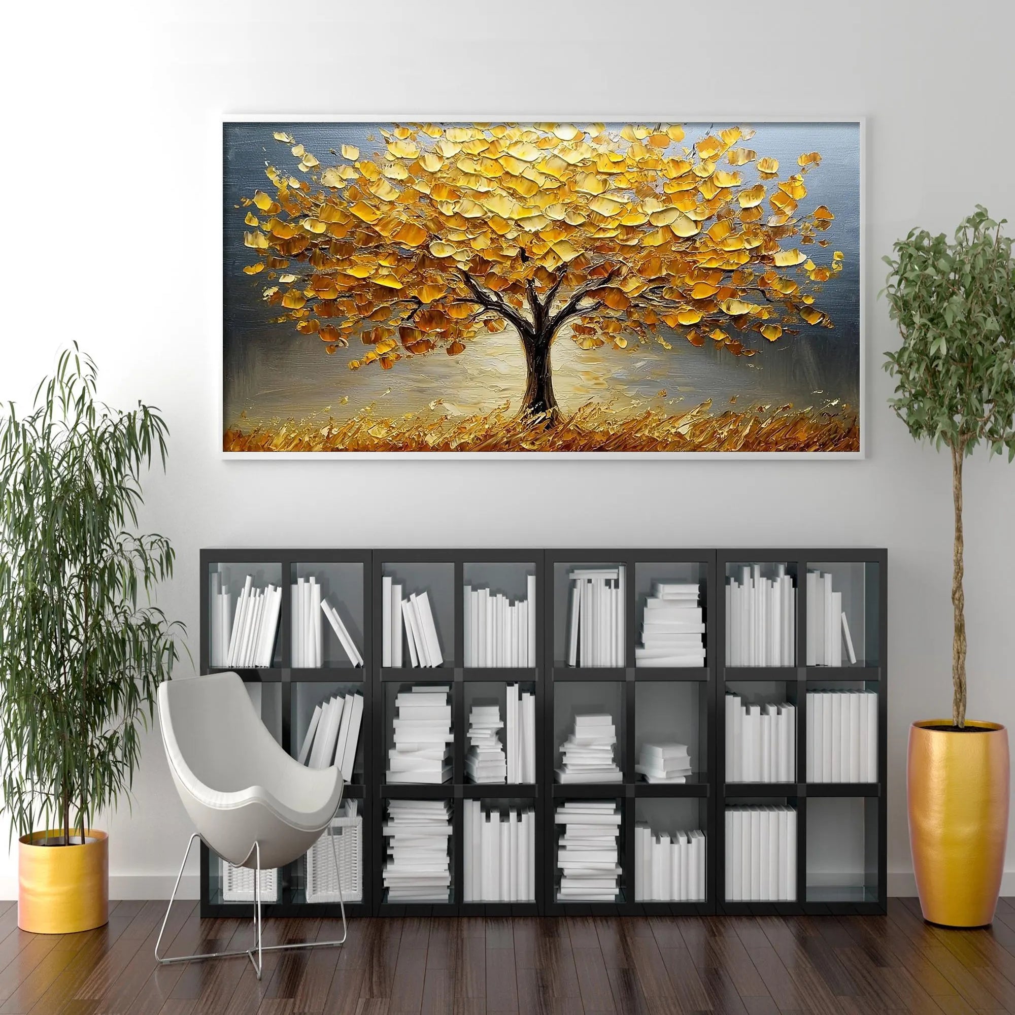 Golden Abundance – Hand-Painted Impasto Yellow Leaf Tree Painting | Modern Luxury Metallic Living Room & Hotel Art