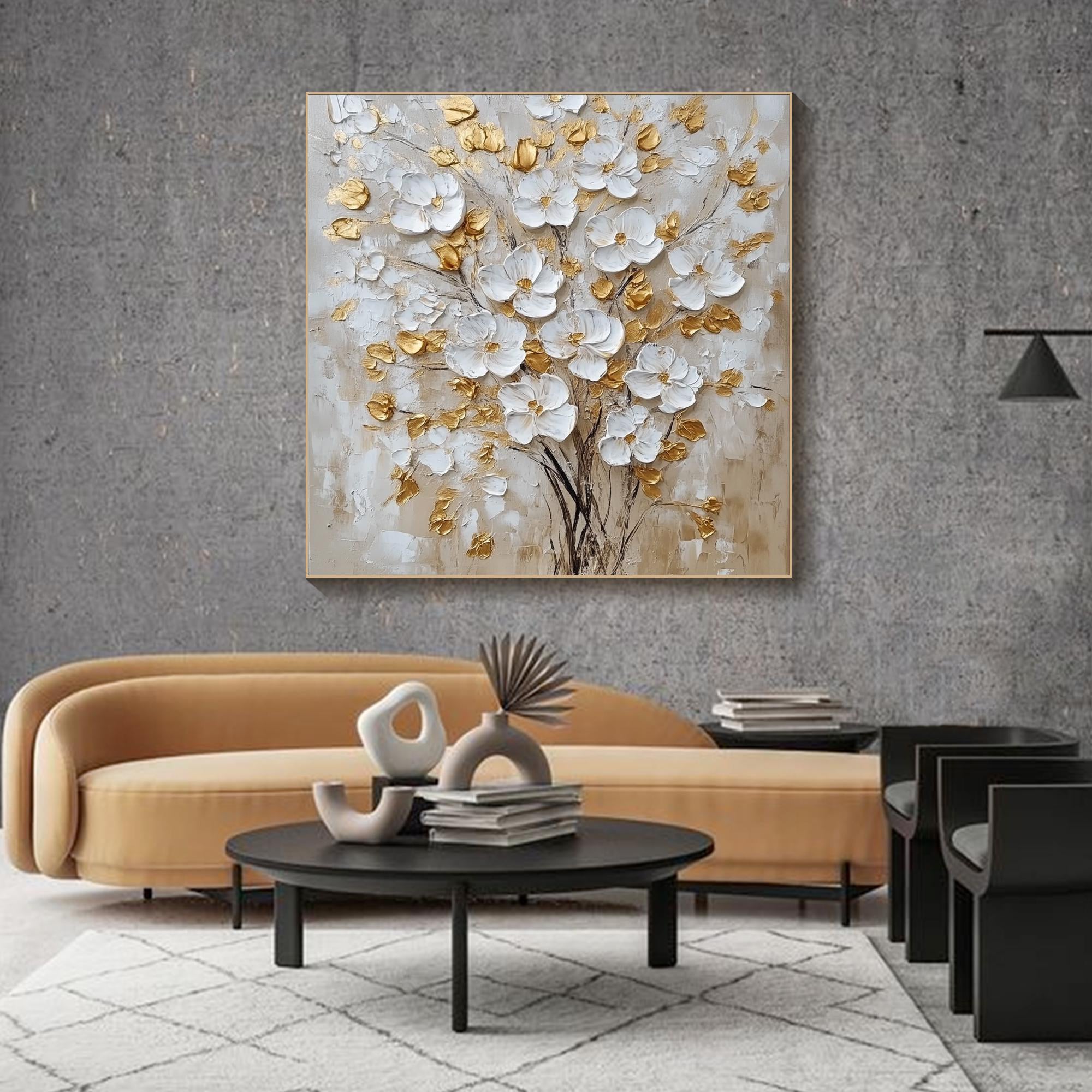 Golden Bloom – Hand-Painted White and Gold Foil 3D Relief Plaster Effect Floral Painting | Modern Luxury Botanical Bedroom & Living Room Art